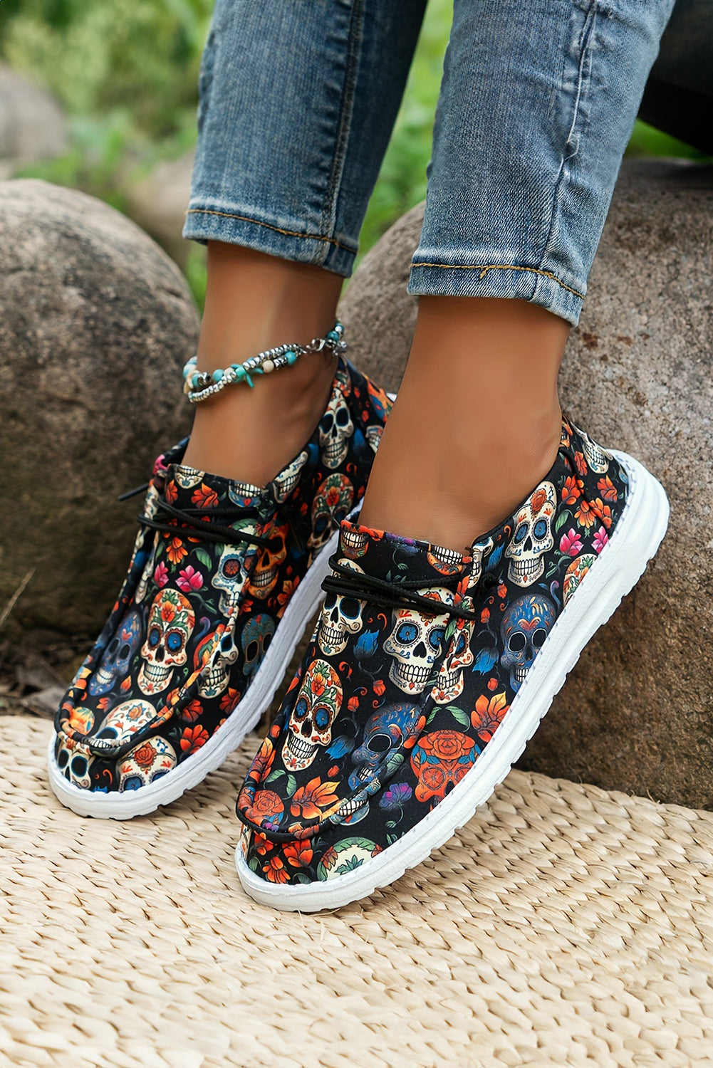 Sugar Lace-up Skull Print Detail Halloween Flat Shoes