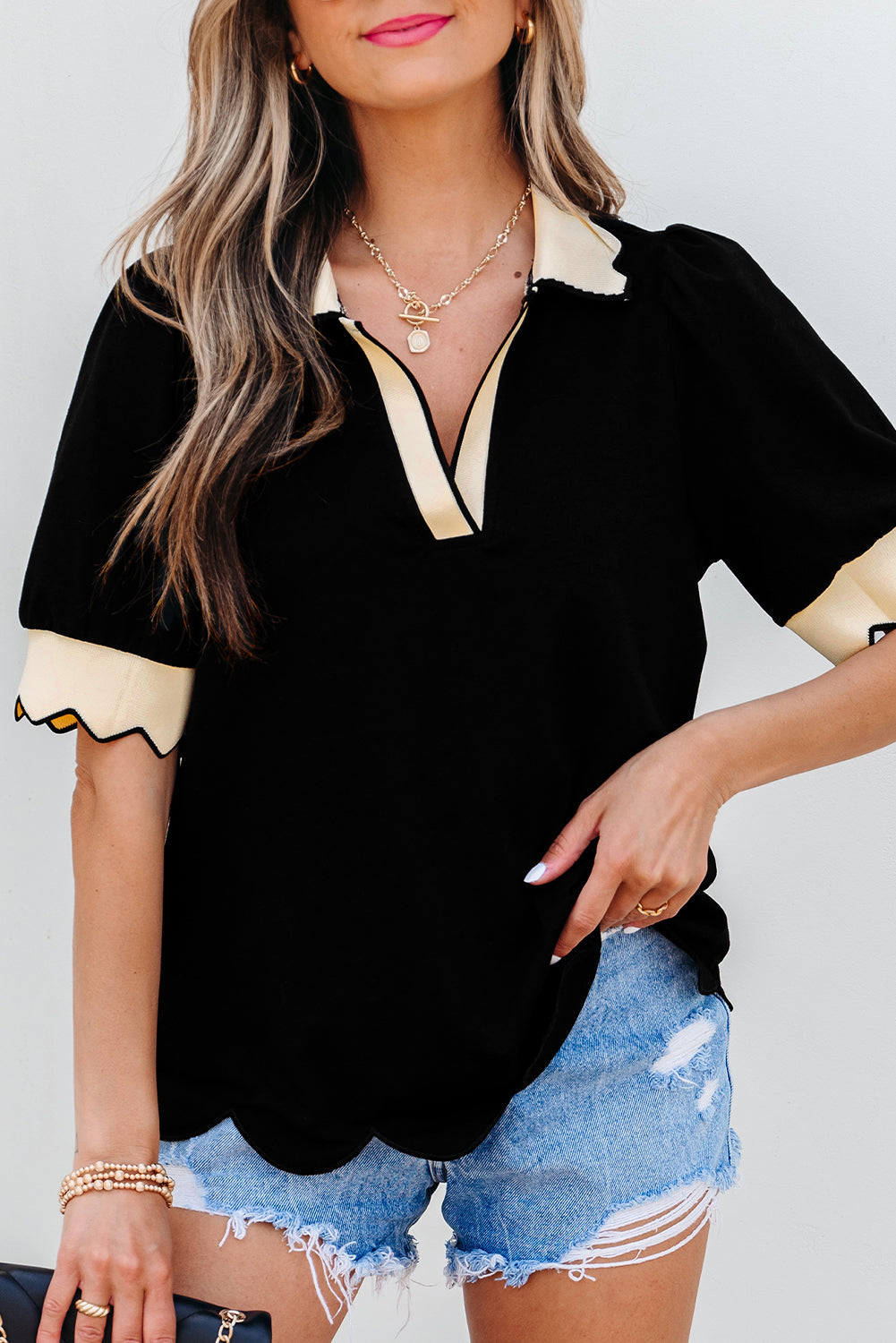 Color V-Neck Contrast Collared Puff Sleeve Blouse