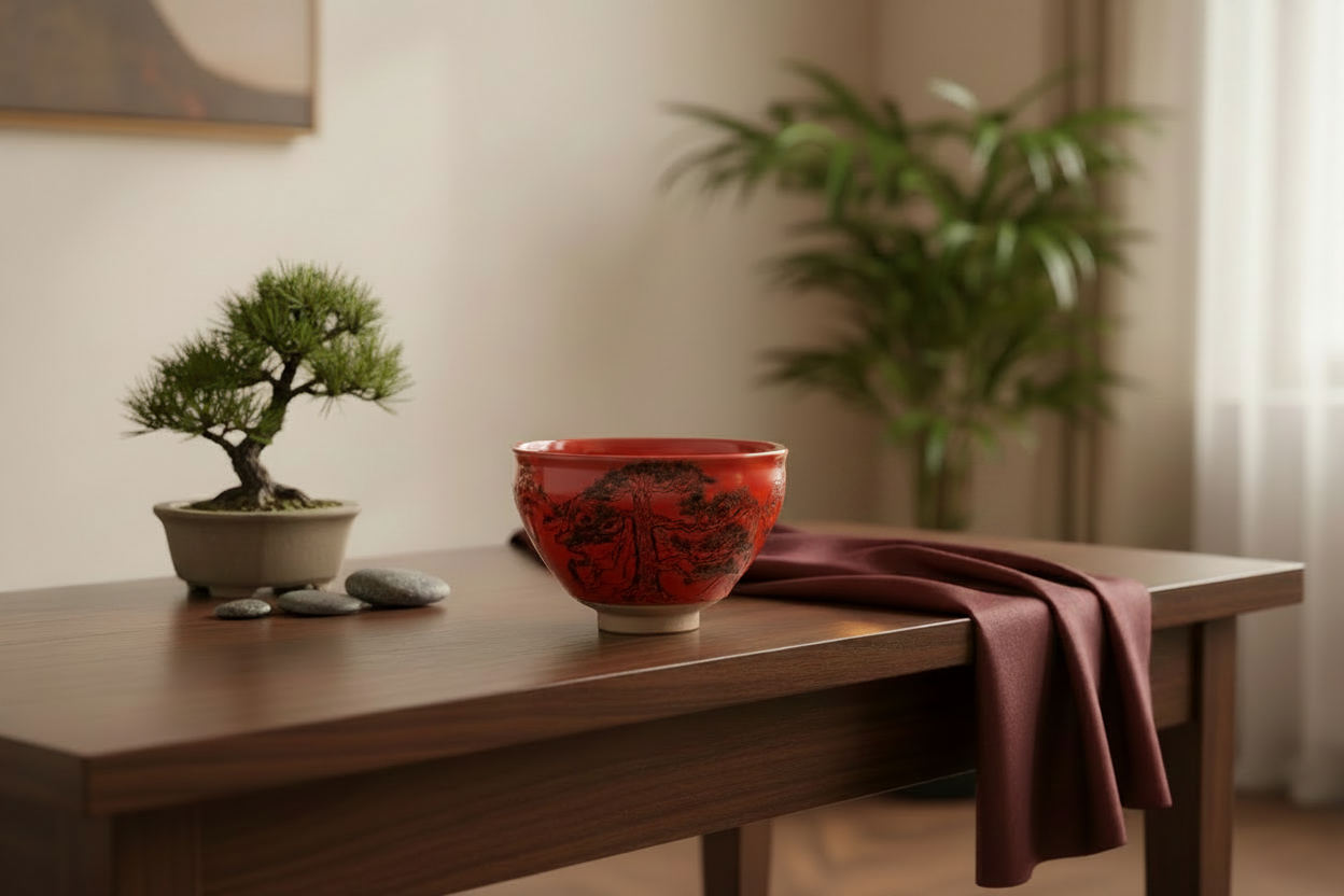Red Pine Tree Chawan Lifestyle Decor - No Candle