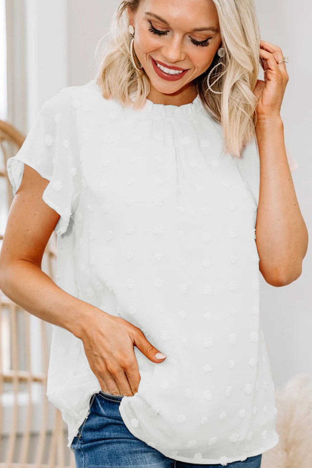 Blouse Blanche Manches Courtes Poudre a Volants et A Pois