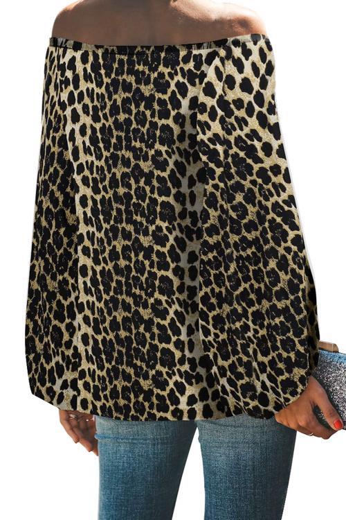 Blouse Manches Longues Epaules Denudees Imprime Leopard