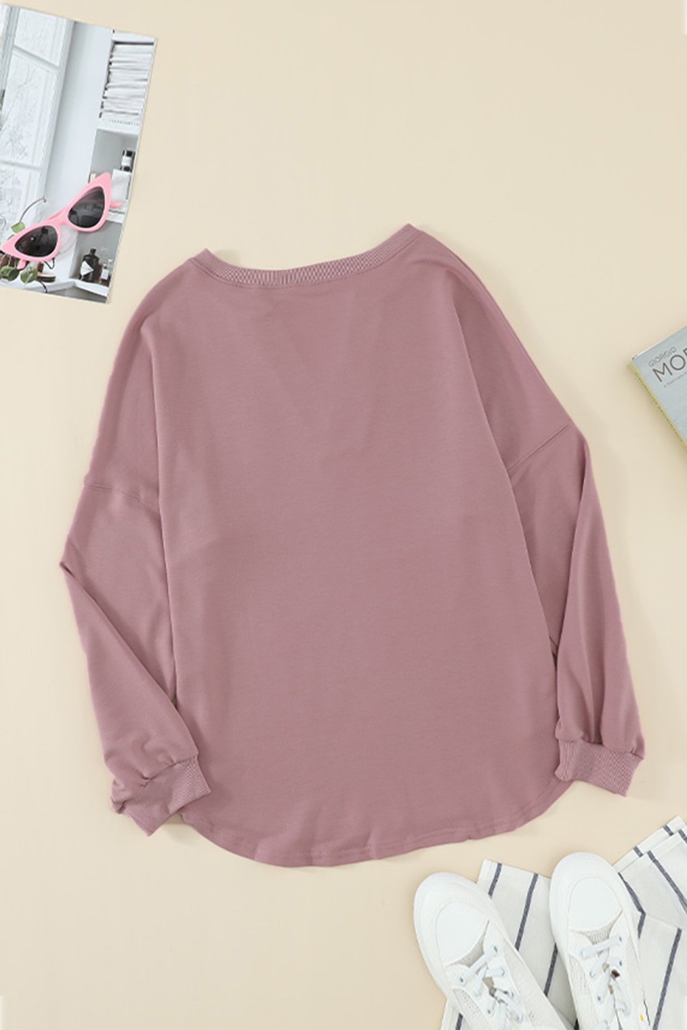 Blouse Femme Rose Ample en Coton Col en V Boutonne