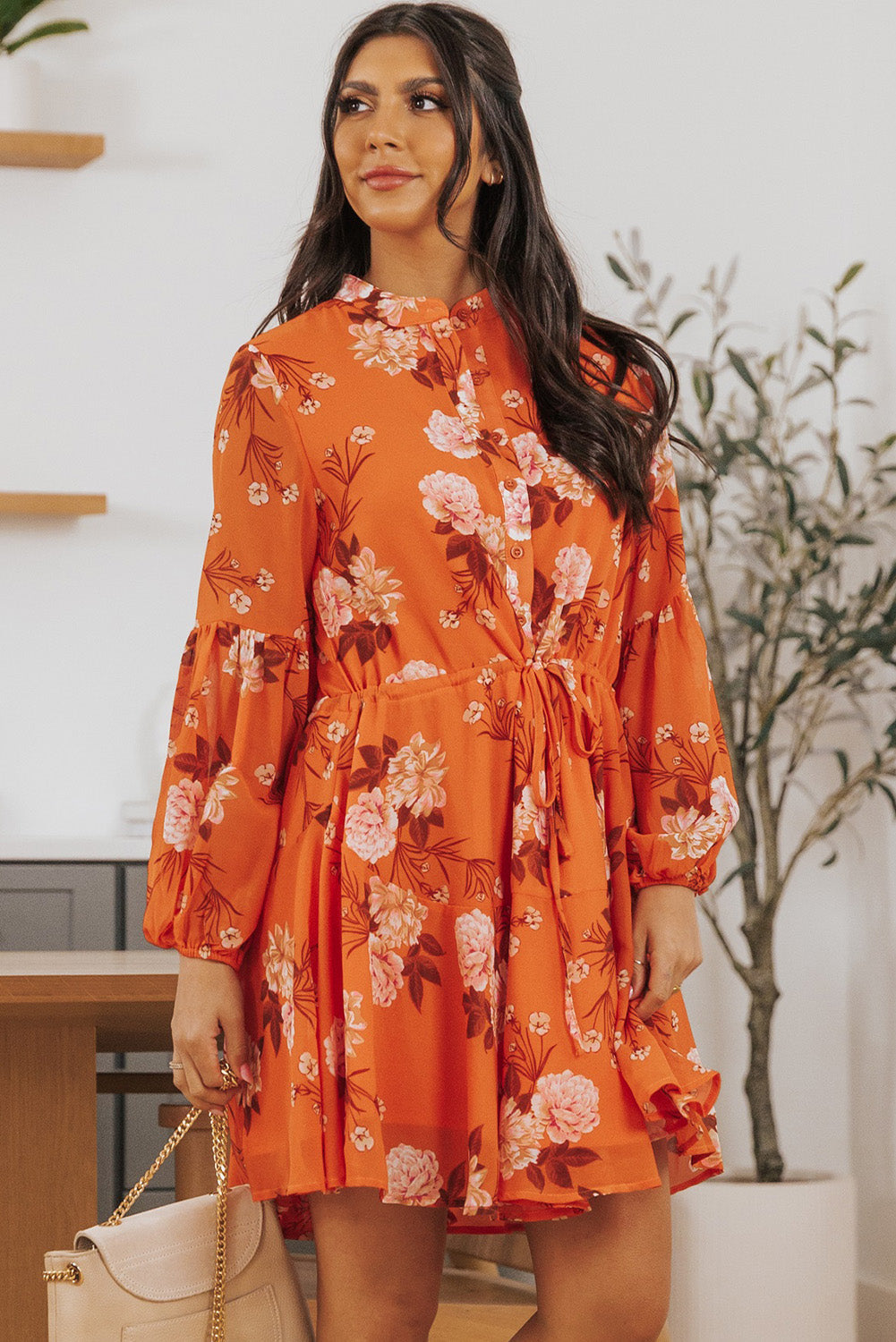 Chic Robe Fluide Orange À Imprimé Fleuri