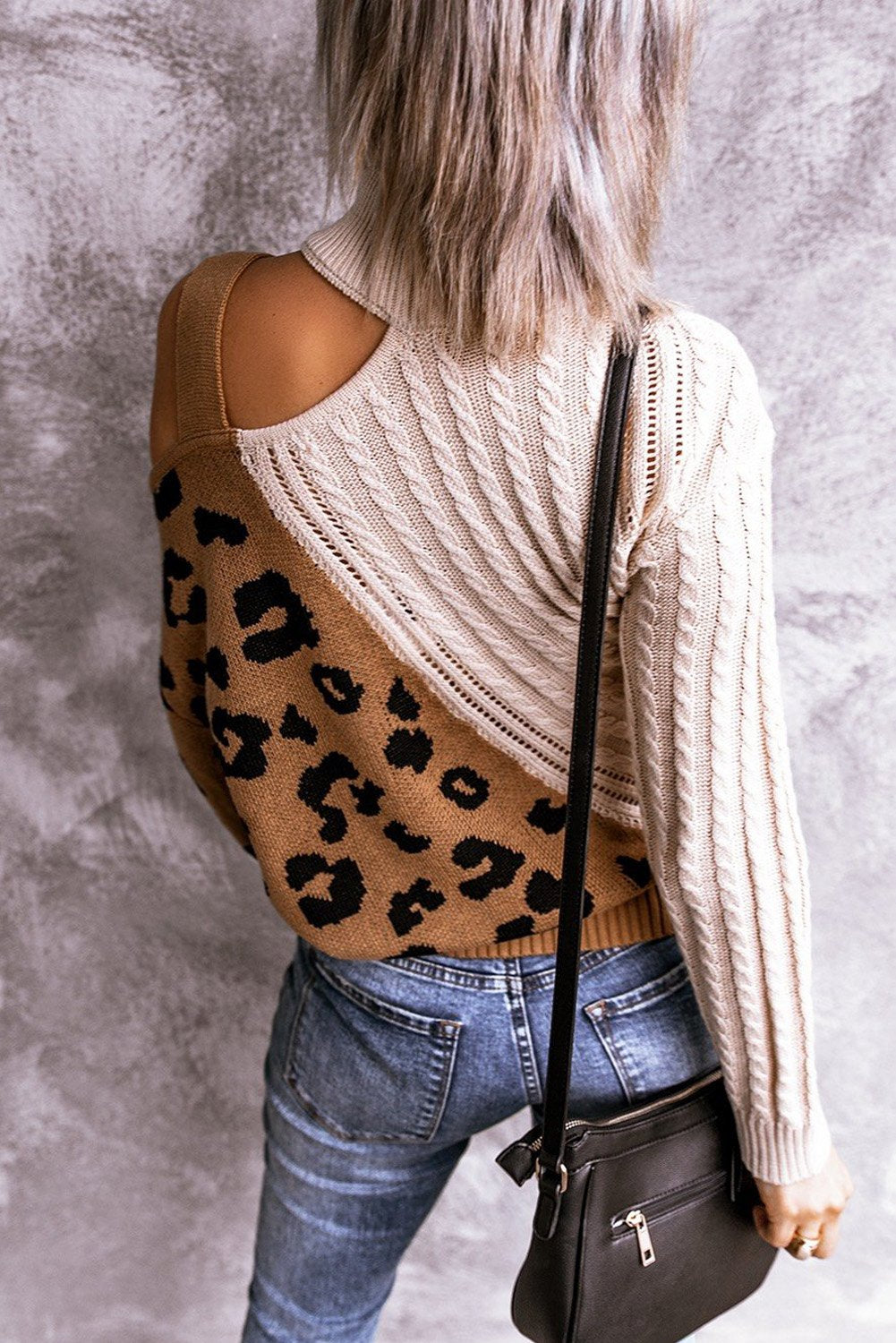 Pull Femme Asymetrique Marron Mode Leopard Bloc de couleur