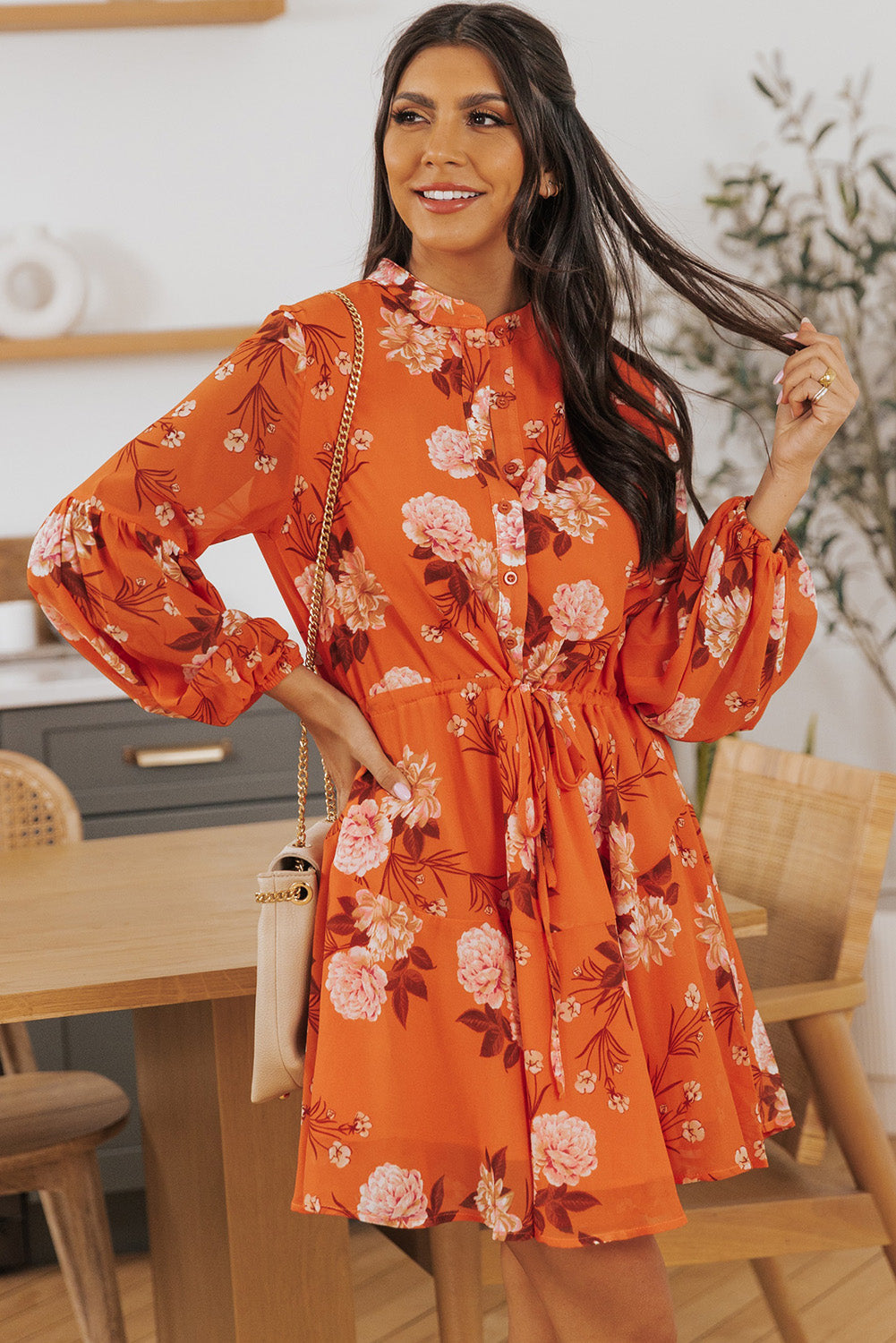 Chic Robe Fluide Orange À Imprimé Fleuri