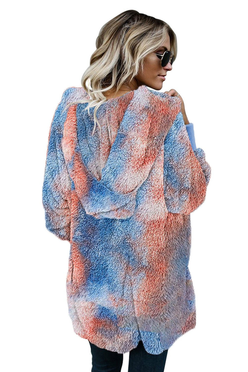 Manteau Ouvert A Capuche en Polaire Douce Bleu Orange Tie Dye pour Femme