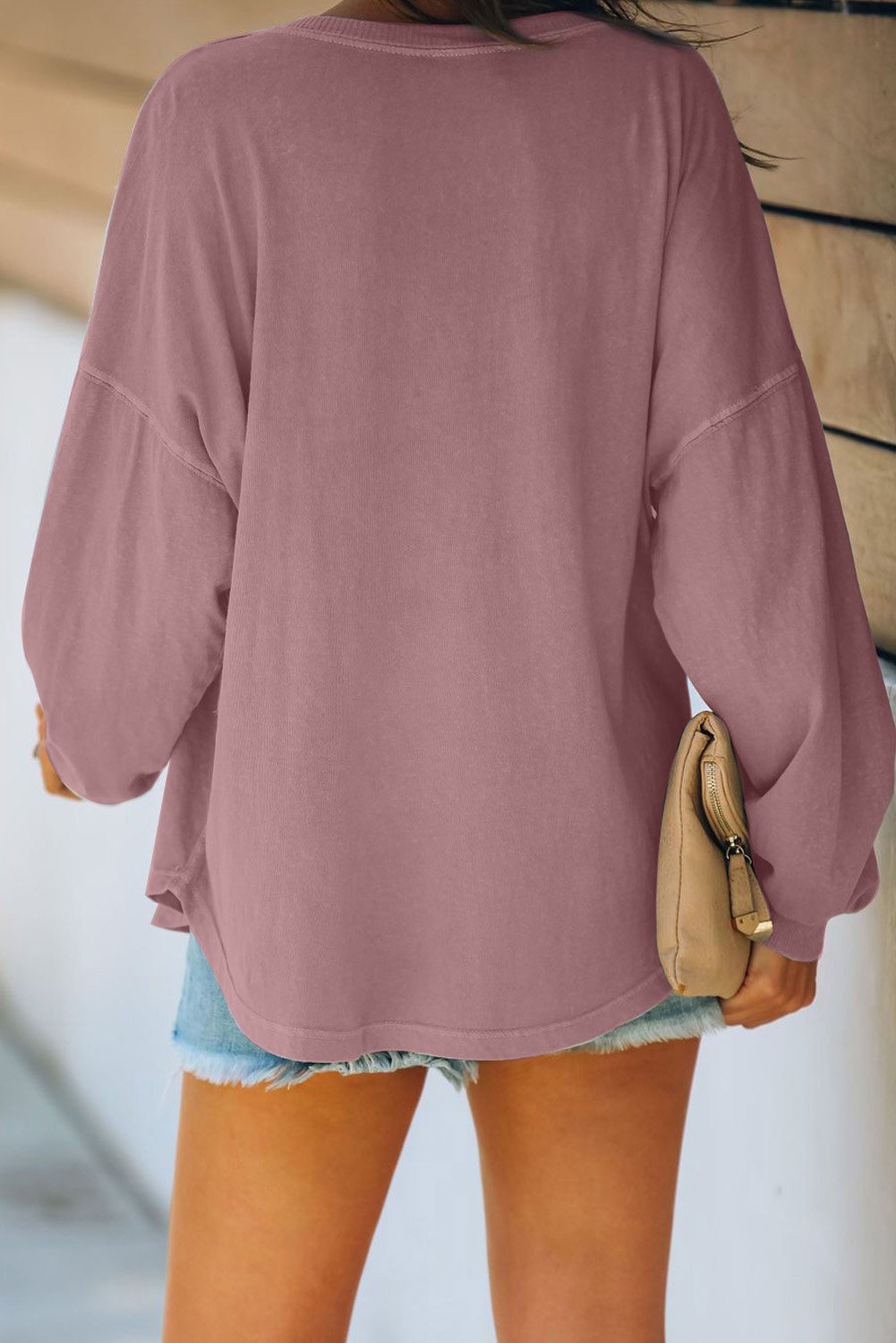 Blouse Femme Rose Ample en Coton Col en V Boutonne