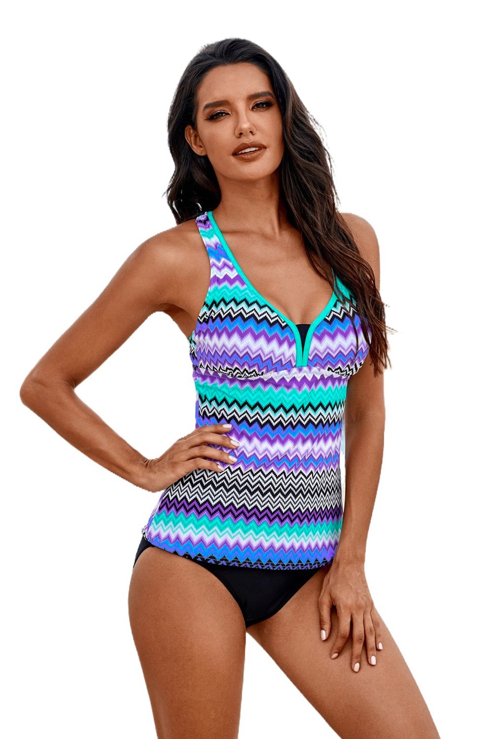 Maillot de Bain Tankini Femme Bleu A Rayé Dos Nageur Sport