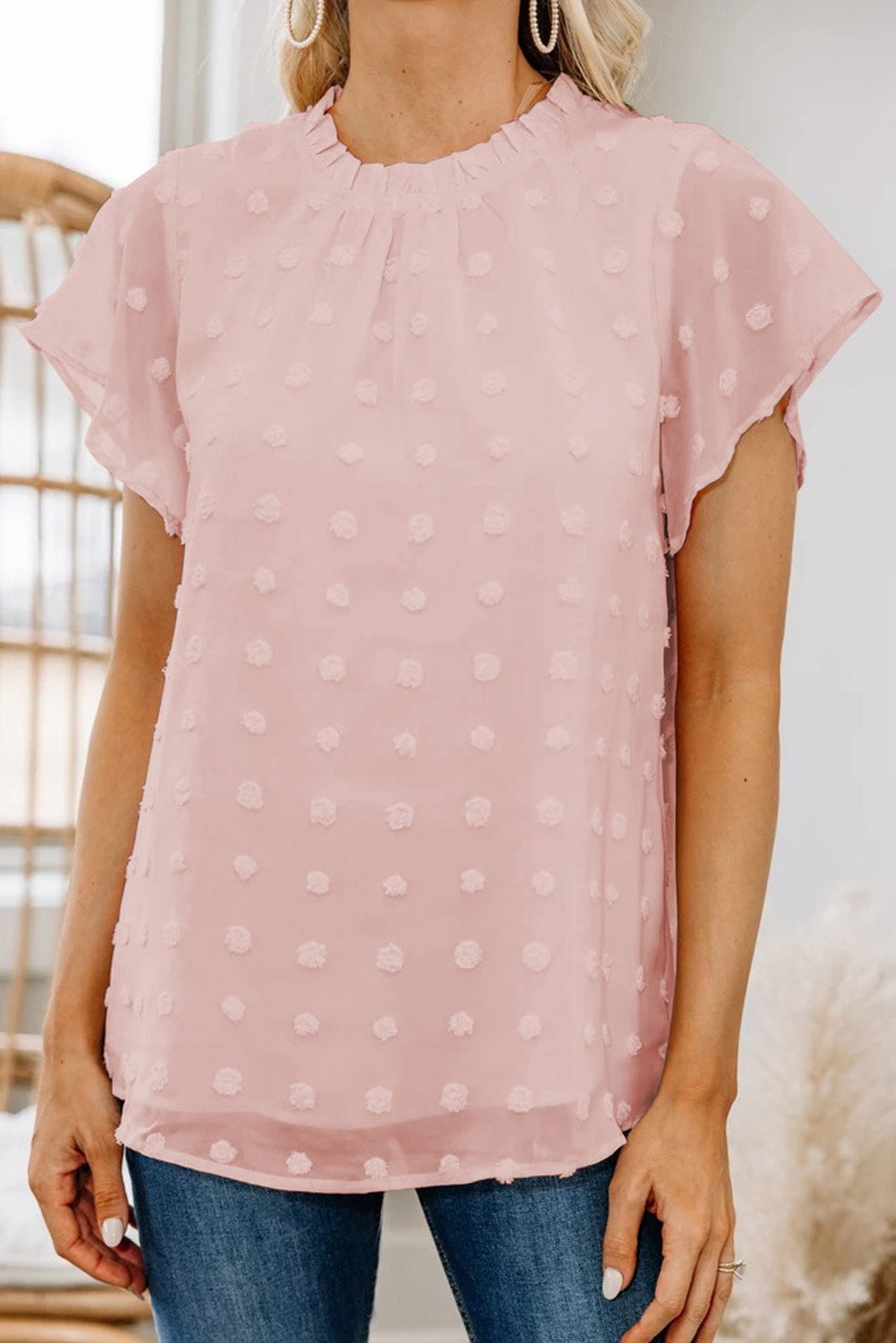 Blouse Rose Manches Courtes Poudre a Volants et A Pois