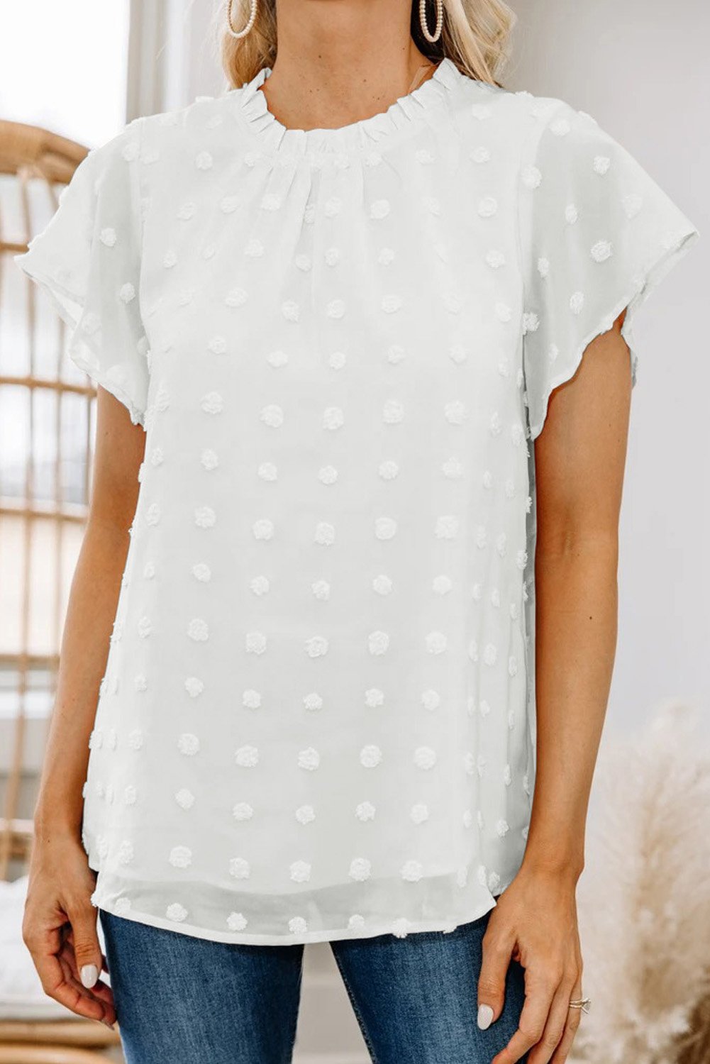 Blouse Blanche Manches Courtes Poudre a Volants et A Pois