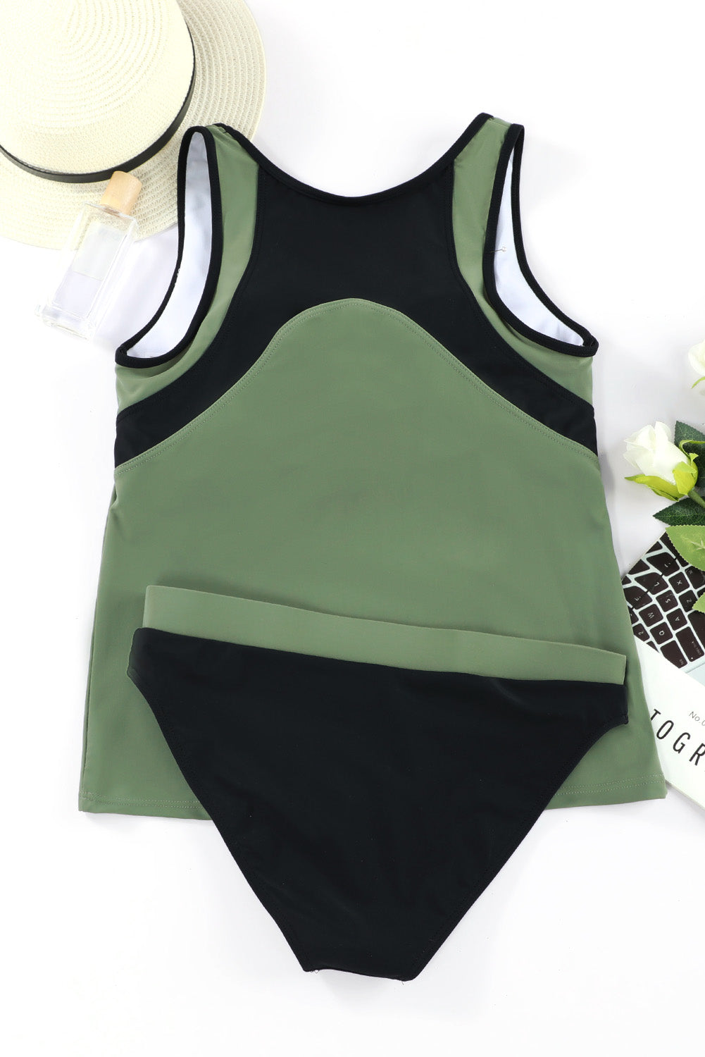 Maillot de bain tankini sans manches imprimé feuilles de palmier