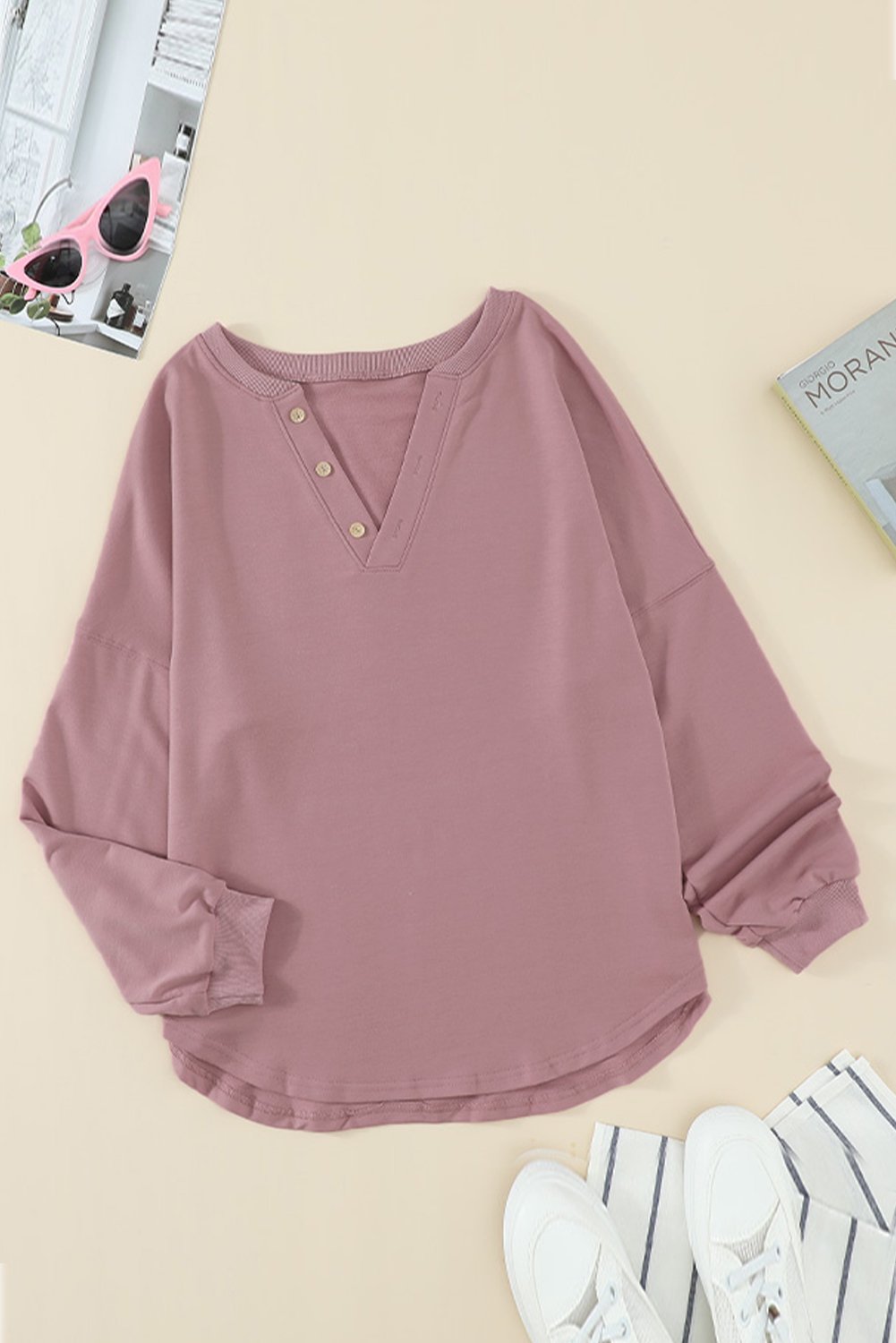 Blouse Femme Rose Ample en Coton Col en V Boutonne