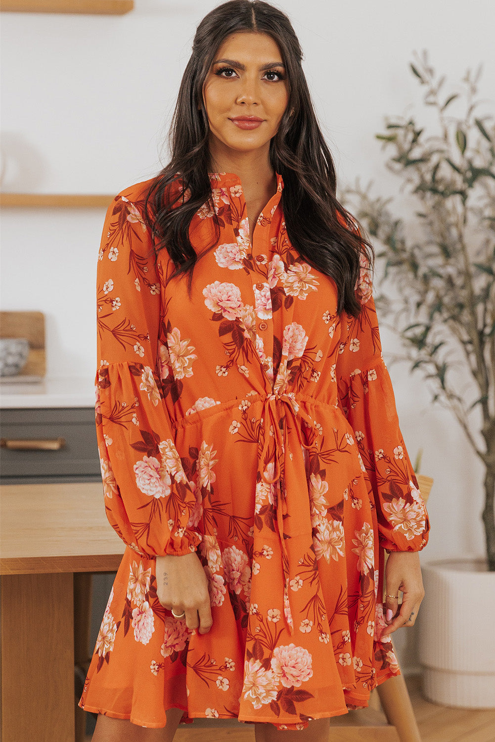 Chic Robe Fluide Orange À Imprimé Fleuri