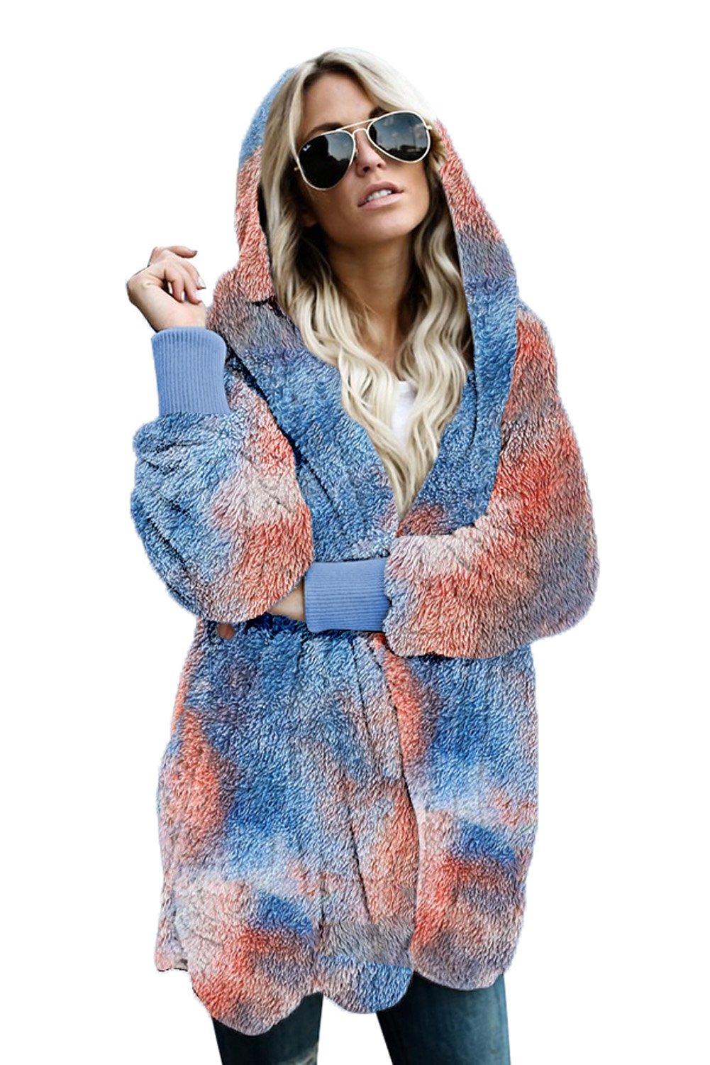 Manteau Ouvert A Capuche en Polaire Douce Bleu Orange Tie Dye pour Femme