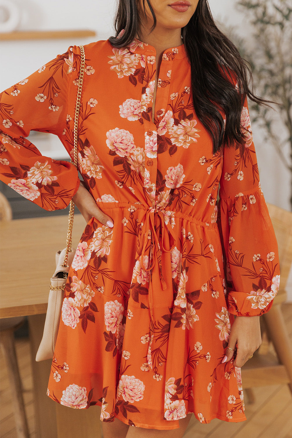 Chic Robe Fluide Orange À Imprimé Fleuri