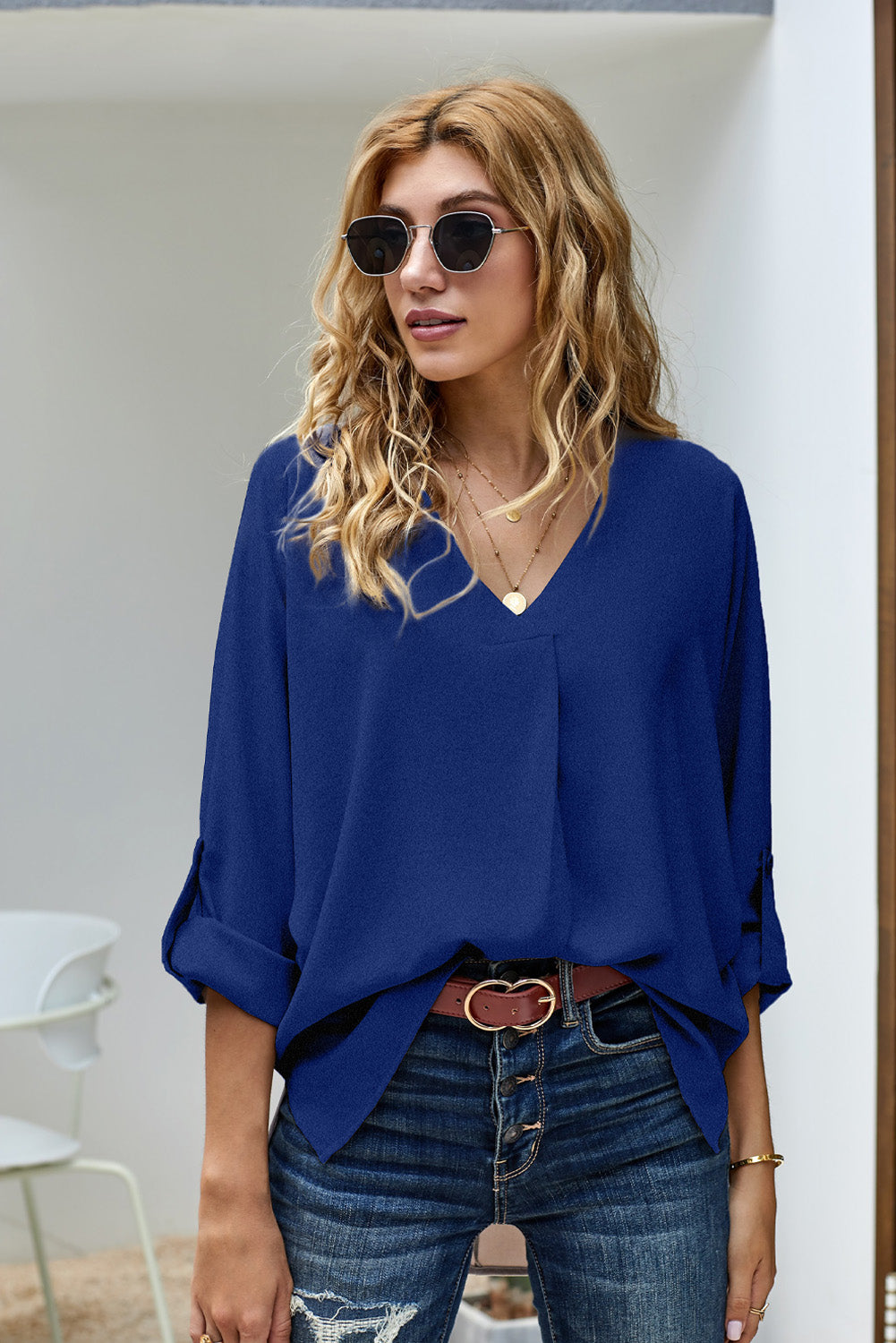 Blouse Bleu Royal Femme Col en V Manches 3/4 Elegant