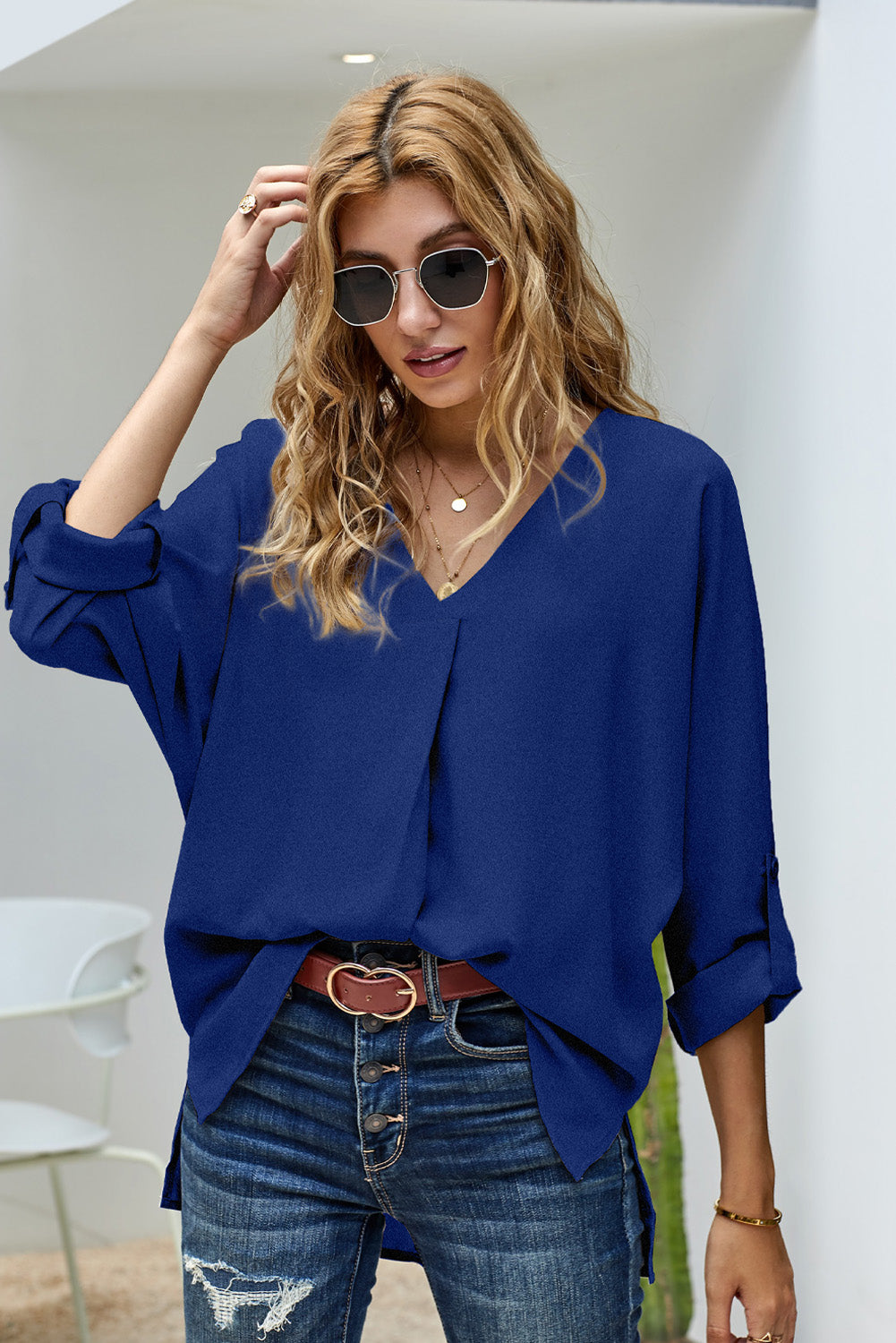 Blouse Bleu Royal Femme Col en V Manches 3/4 Elegant