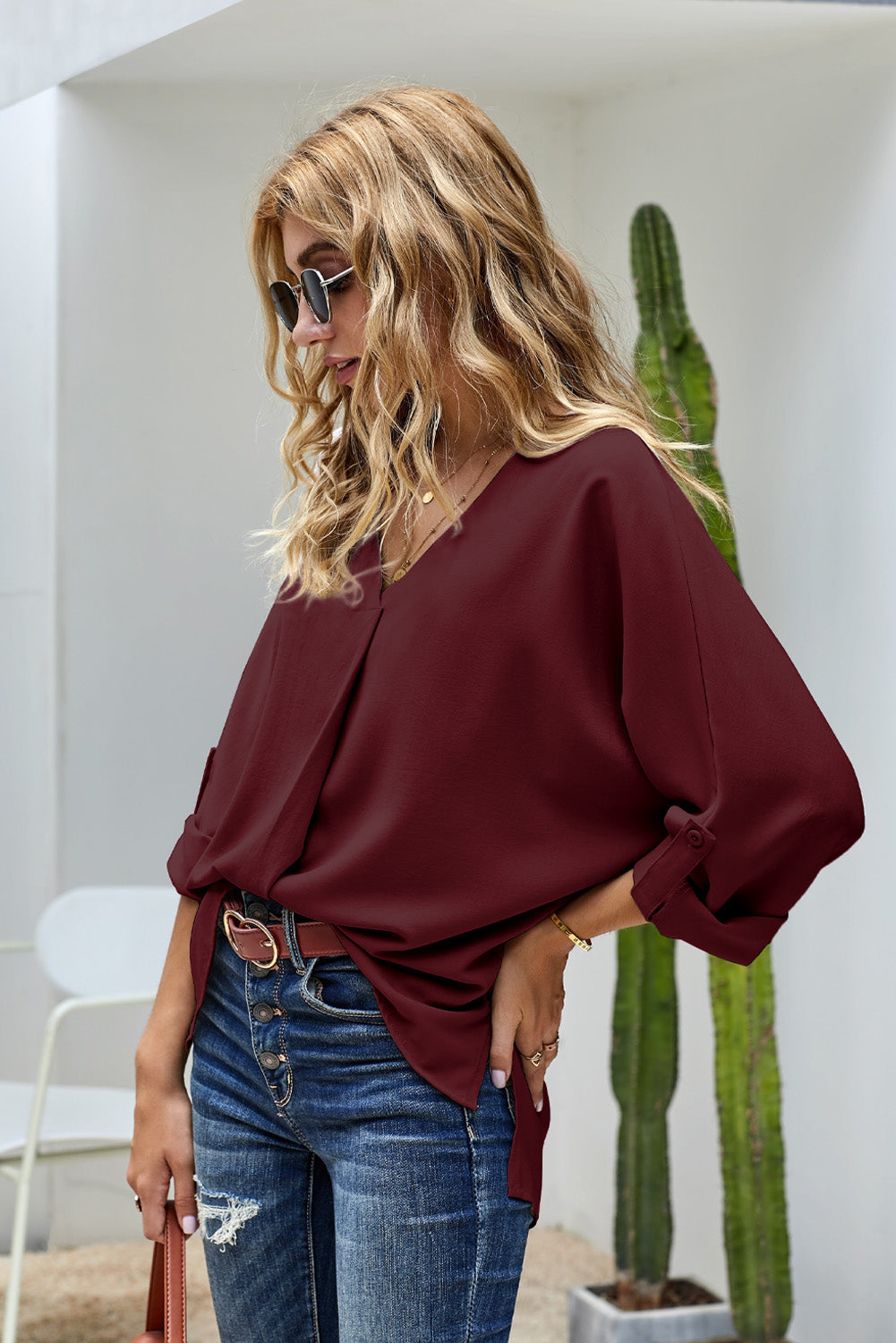 Blouse Bordeaux Femme Col en V Manches 3/4 Elegant