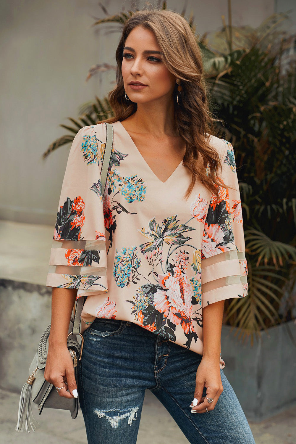 Blouse Fleurs Abricot Femme Manches Evasees 3/4