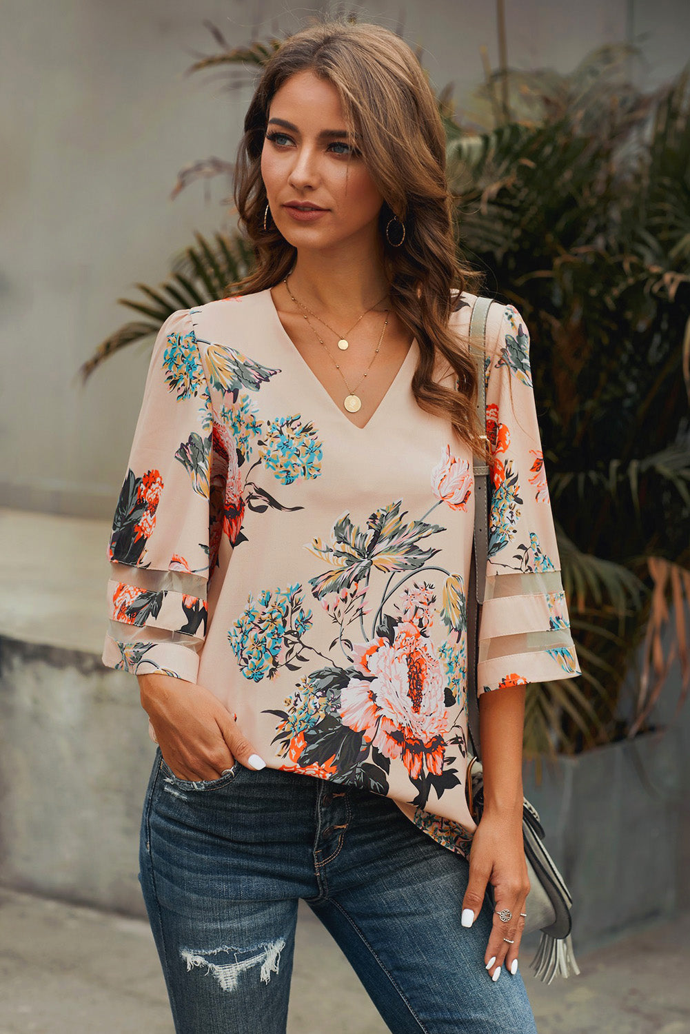 Blouse Fleurs Abricot Femme Manches Evasees 3/4