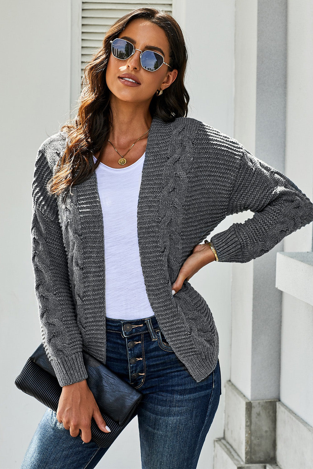 Cardigan en Tricot Hiver Femme Troncon Large Gris Manches Longues