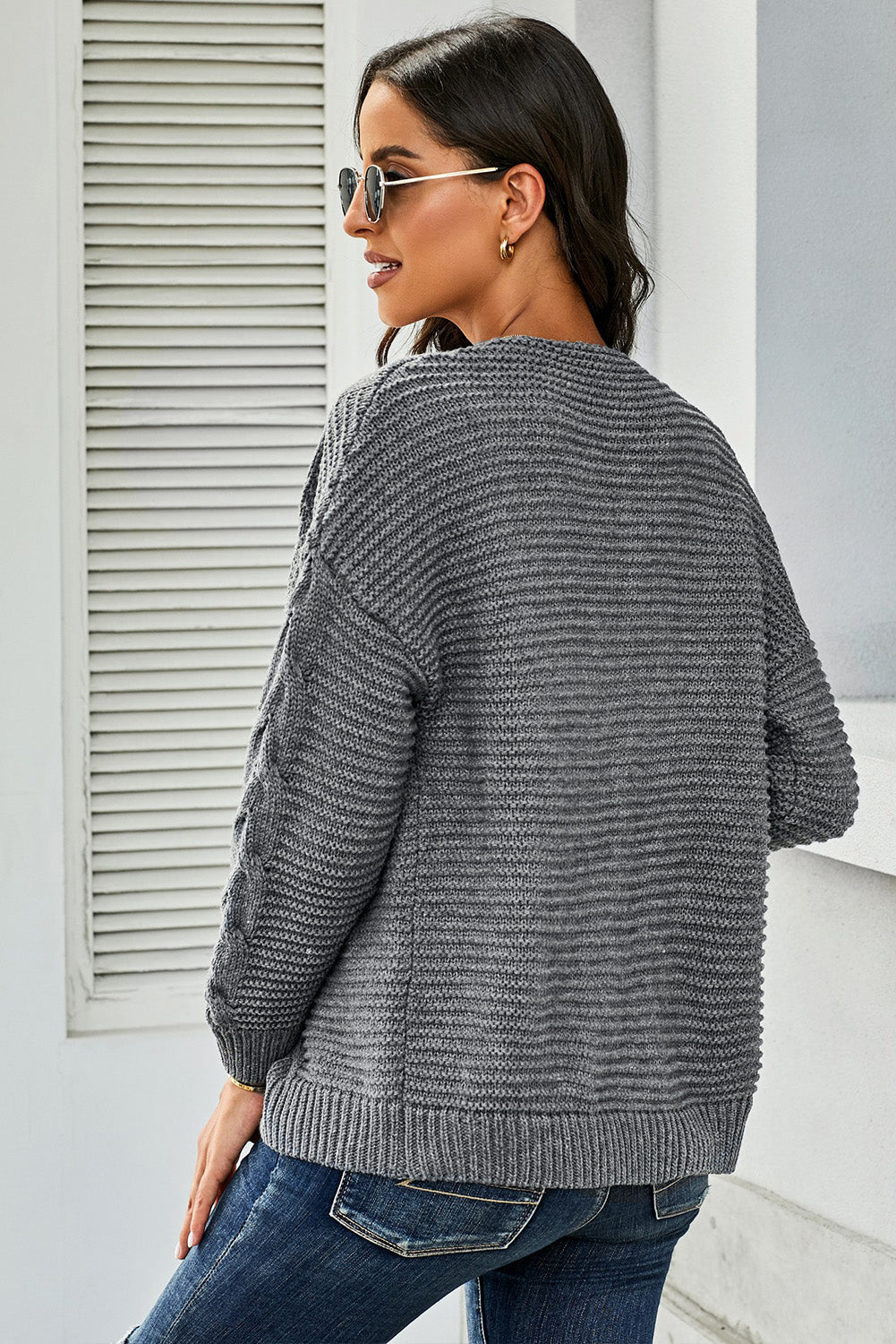 Cardigan en Tricot Hiver Femme Troncon Large Gris Manches Longues