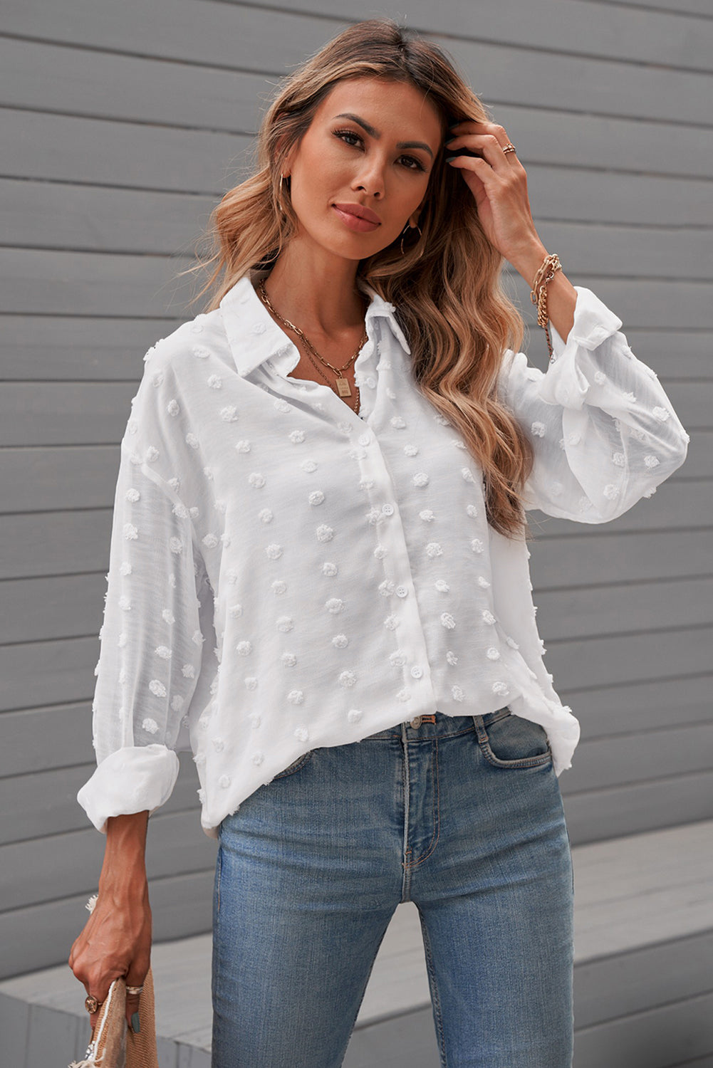 Chemise Blanche A Pois Femme Elegante Manches Longues