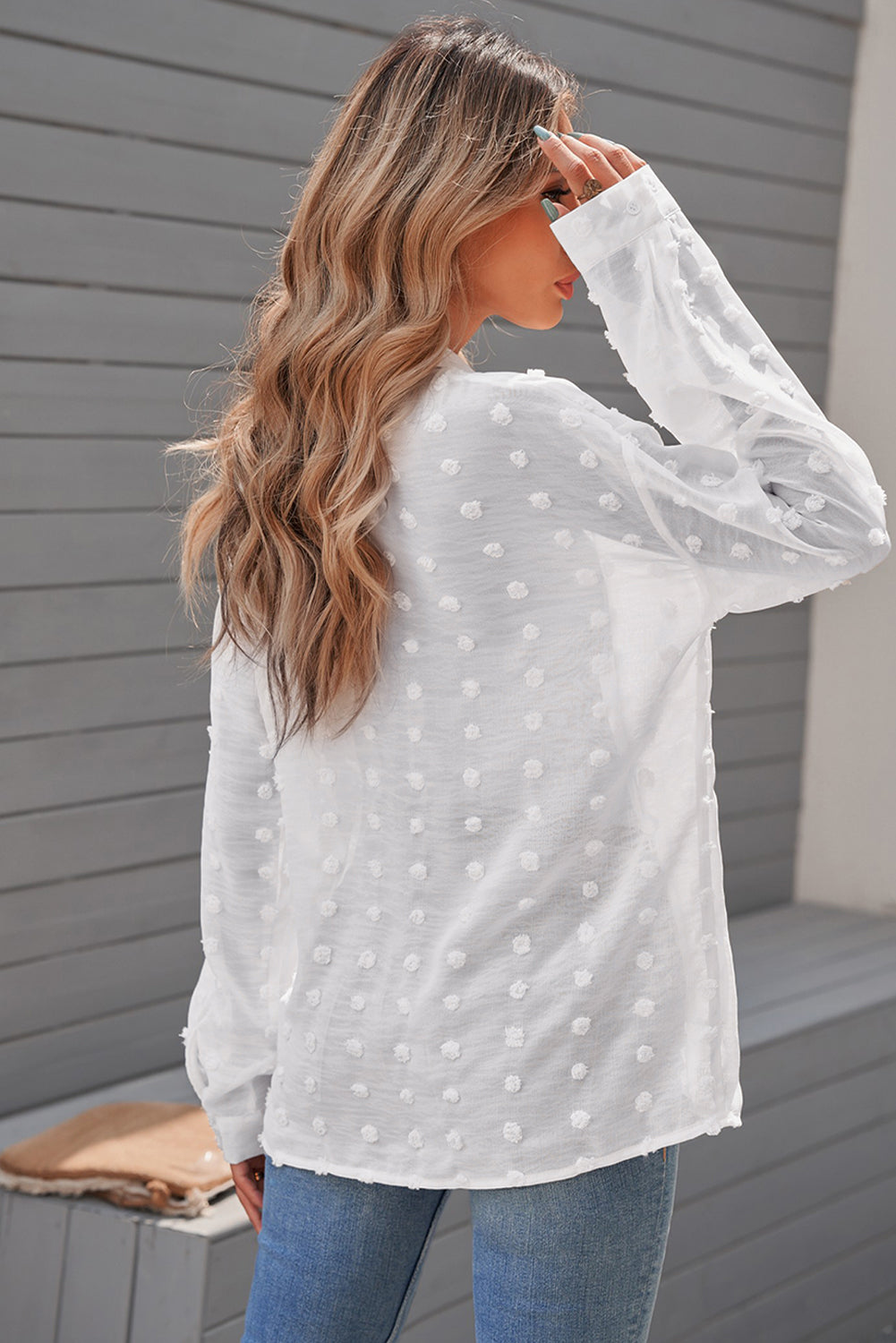 Chemise Blanche A Pois Femme Elegante Manches Longues