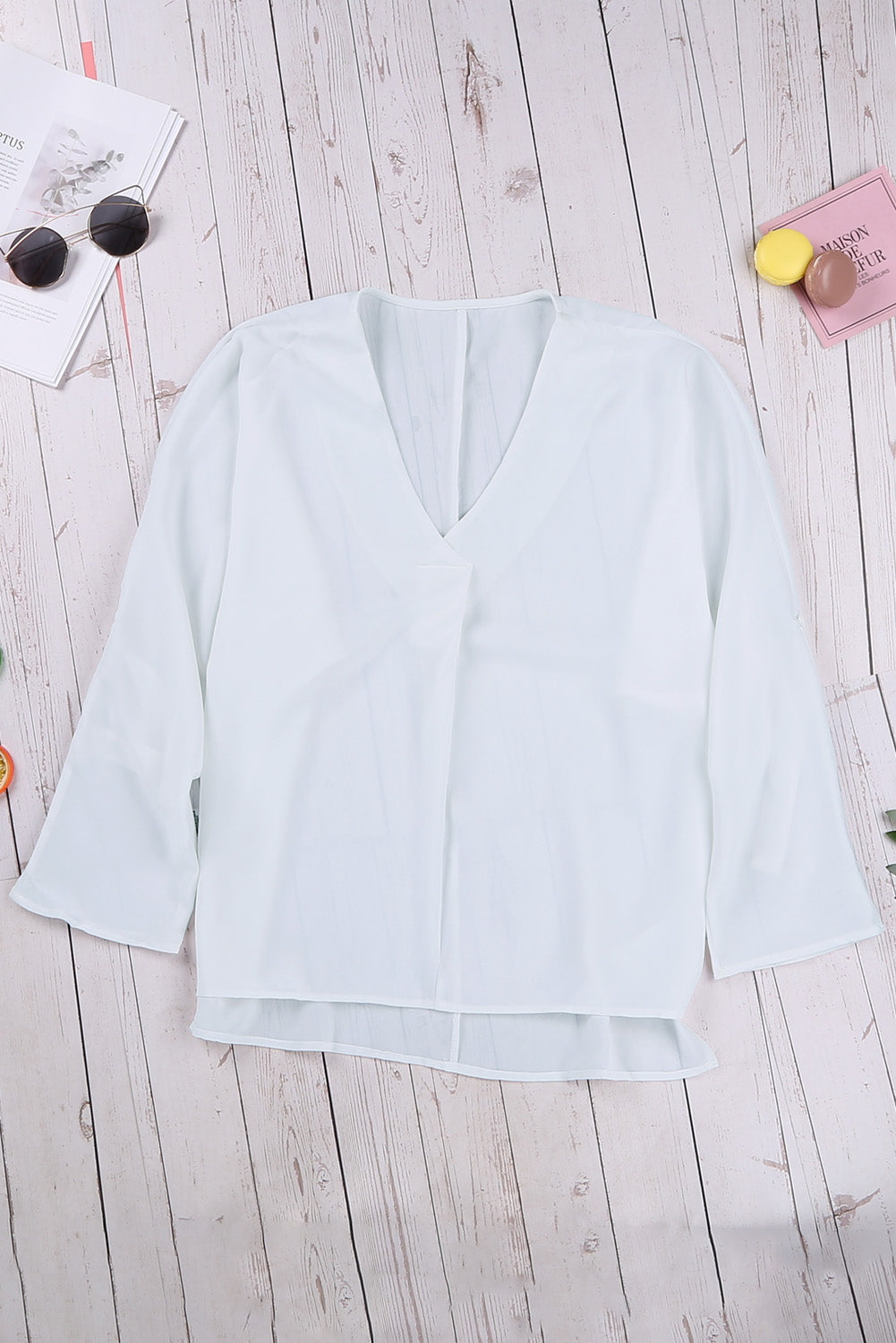 Chemise Blanche Femme Col en V Manches 3/4 Elegant