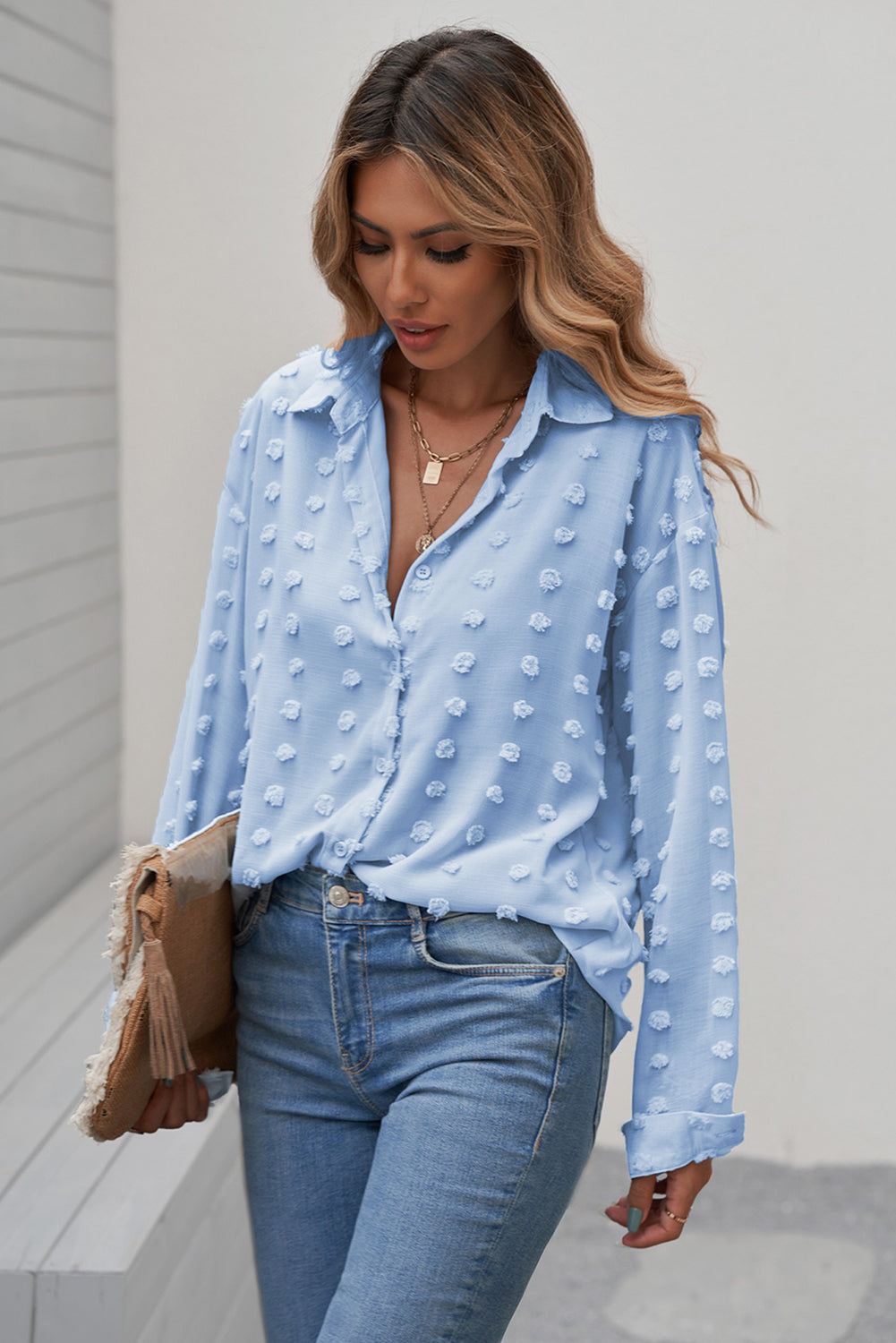 Chemise Bleu Ciel A Pois Femme Elegante Manches Longues