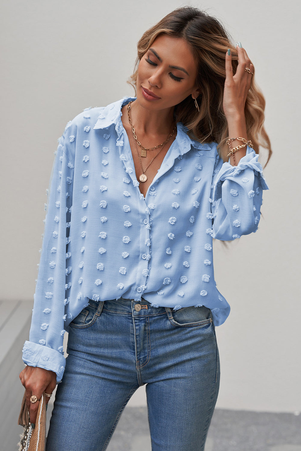 Chemise Bleu Ciel A Pois Femme Elegante Manches Longues