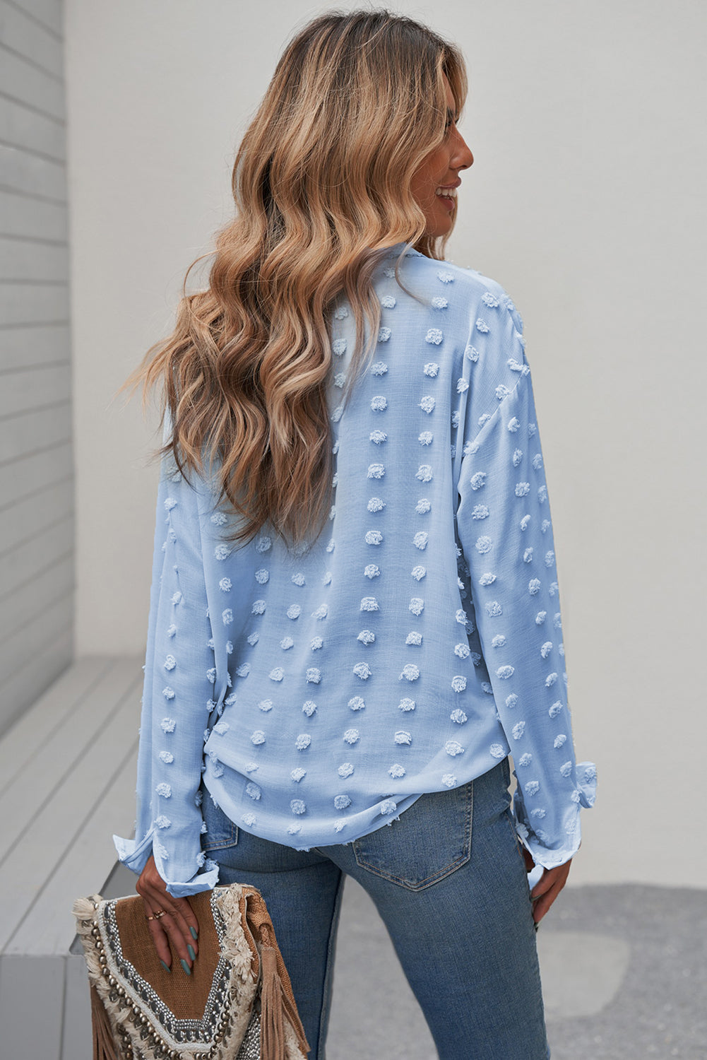 Chemise Bleu Ciel A Pois Femme Elegante Manches Longues