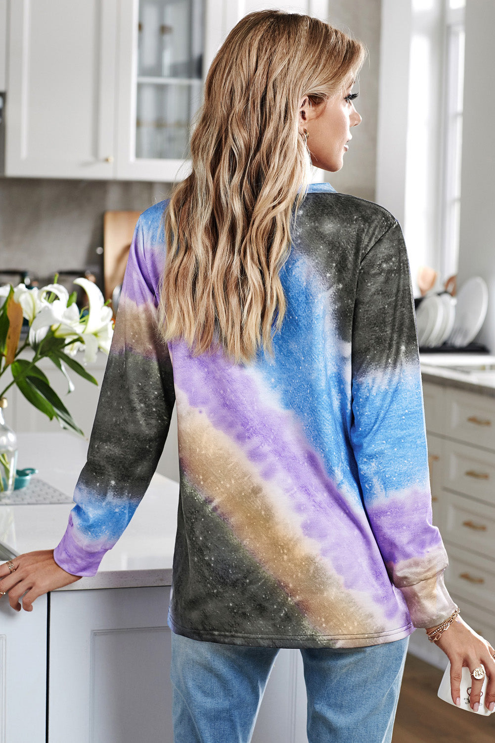 Haut Manches Longues Femme Teinte Bleu Ombre Tie Dye