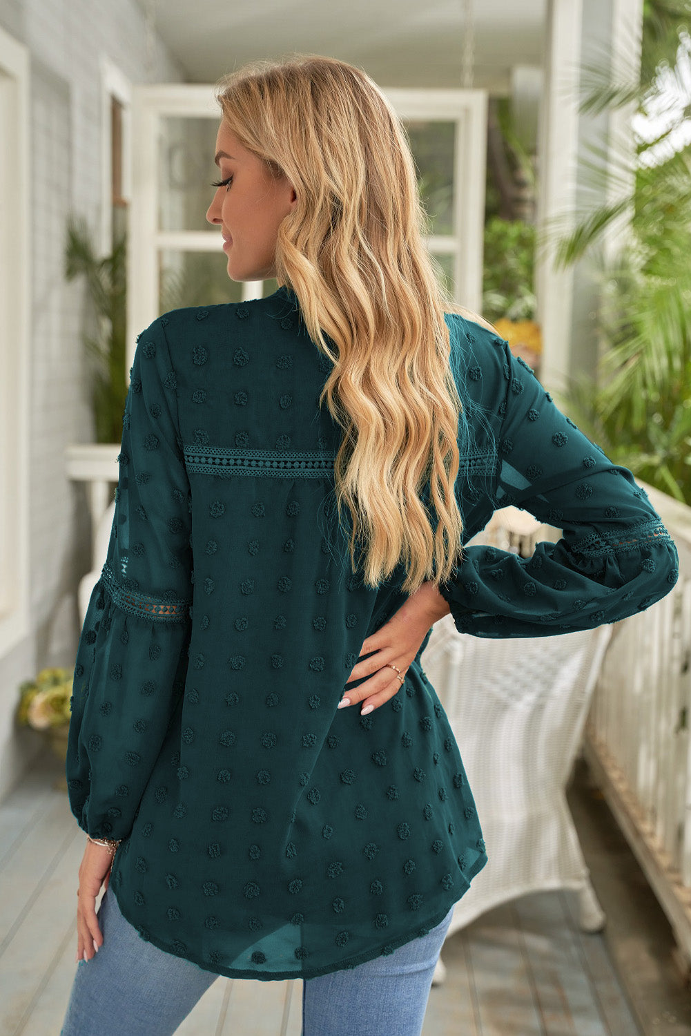 Blouse Fluide Femme Vert Manches Longues a Pois Col Fendu a