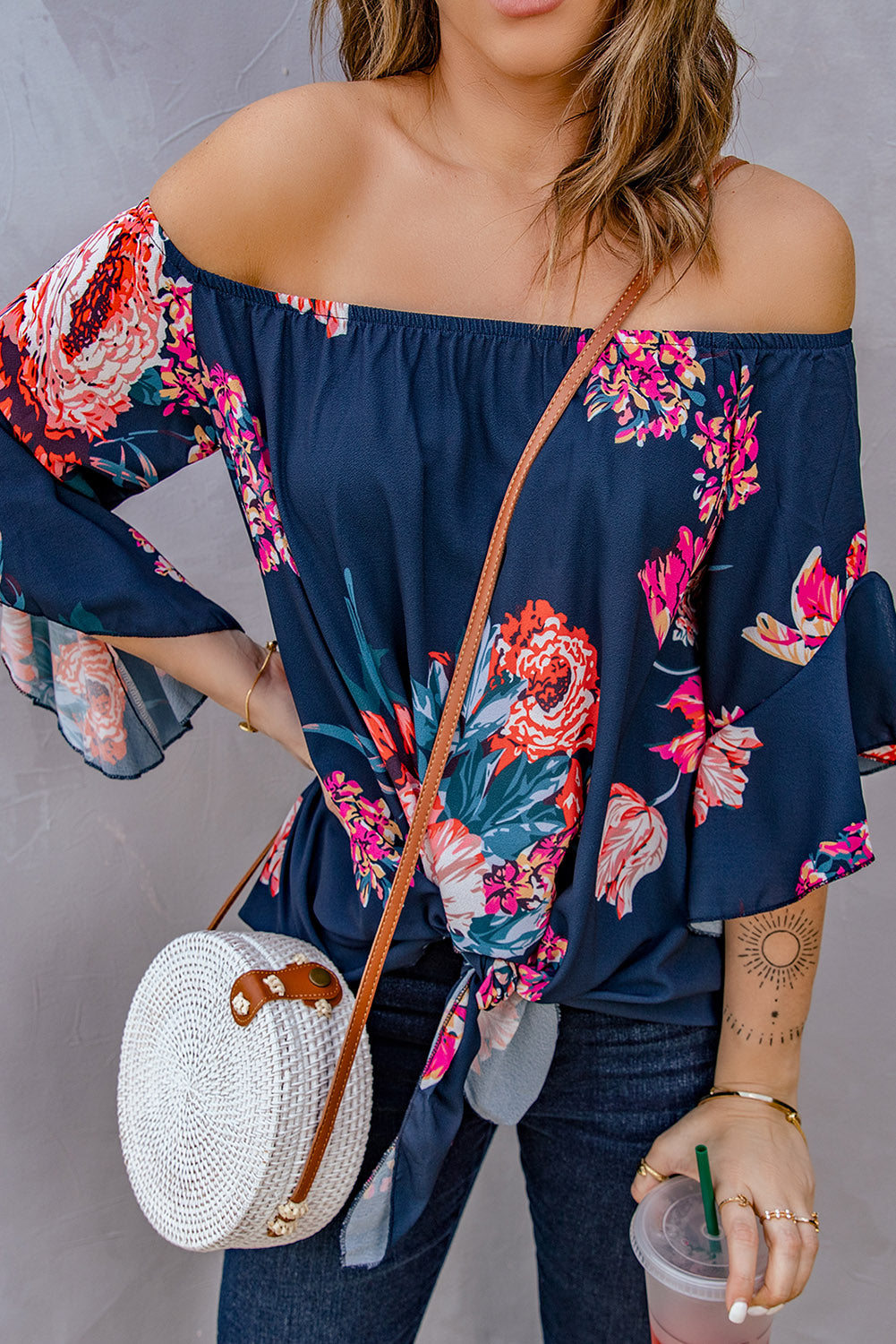 Blouse Femme Mousseline de Soie Bleu A Fleurs