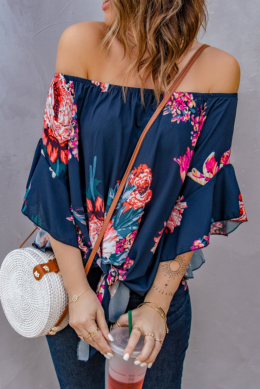 Blouse Femme Mousseline de Soie Bleu A Fleurs