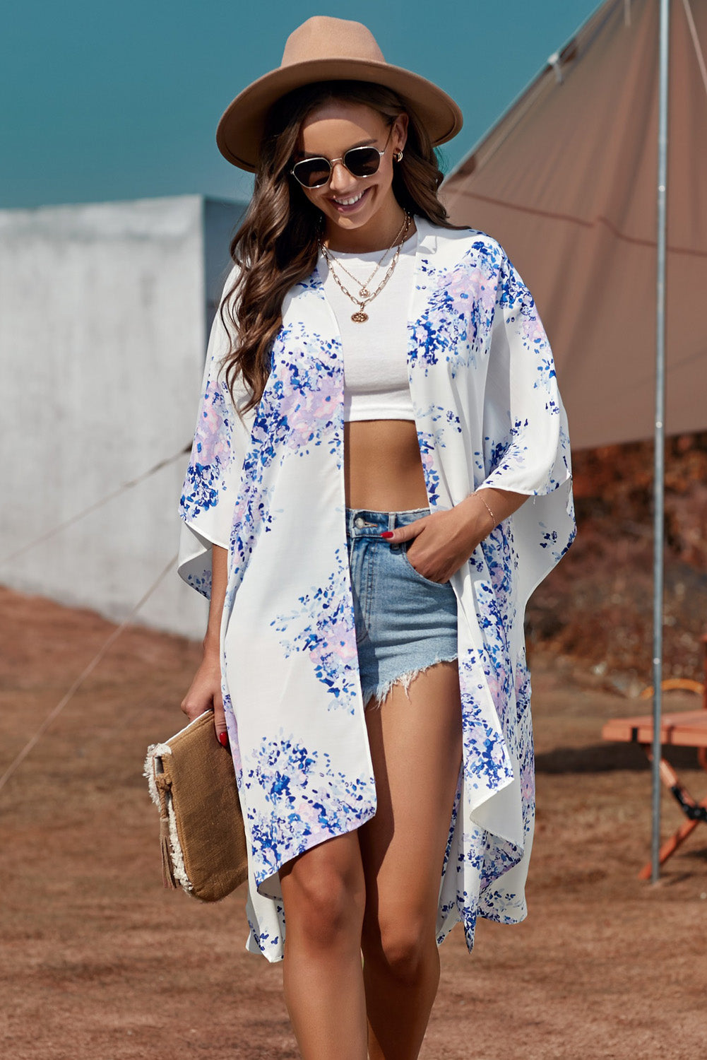 Kimono de Plage Blanche Fleurie Mousseline de Soie