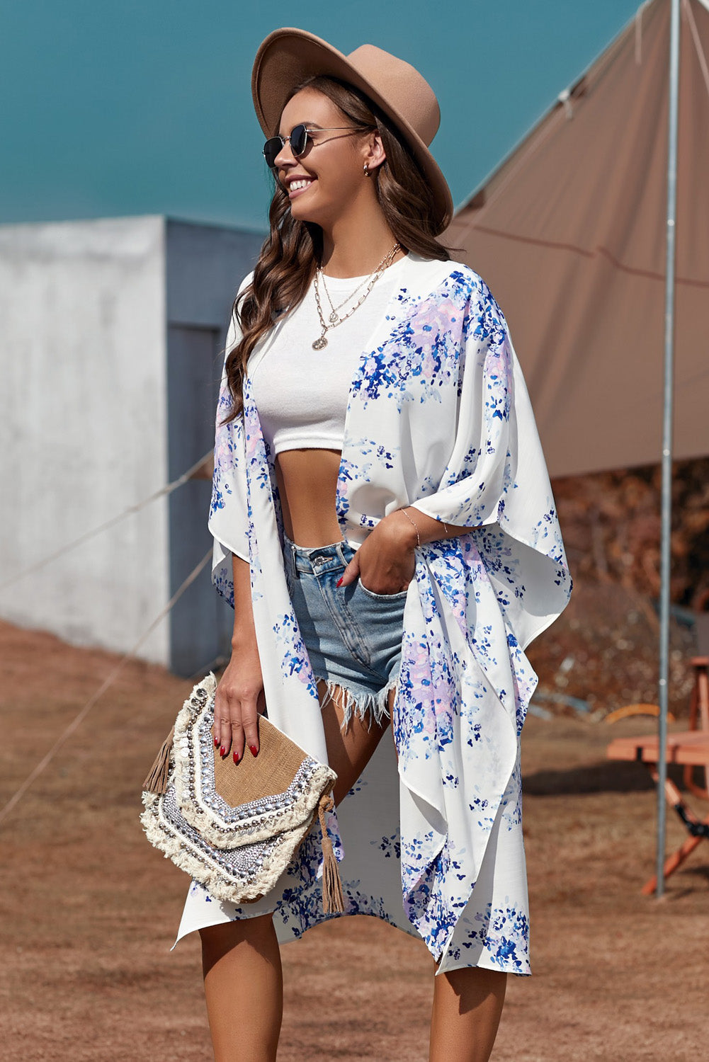 Kimono de Plage Blanche Fleurie Mousseline de Soie