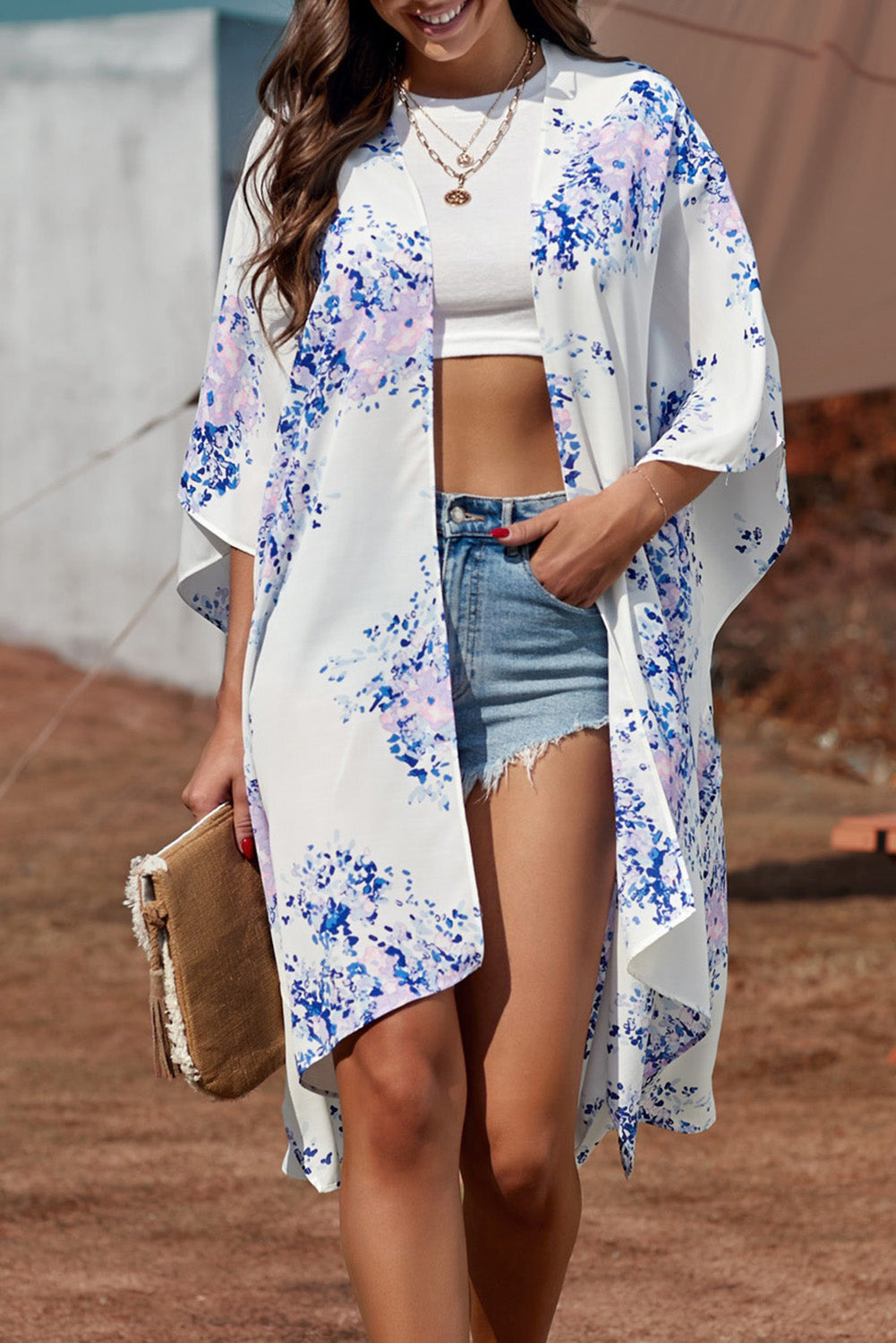 Kimono de Plage Blanche Fleurie Mousseline de Soie