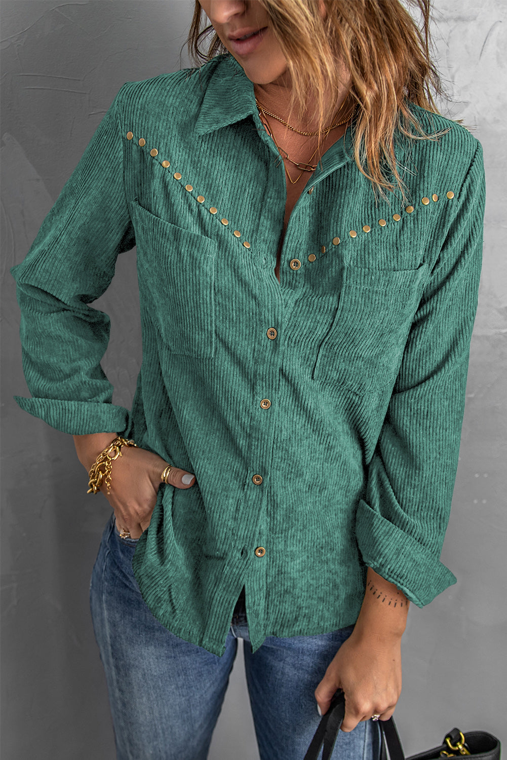 Chemise Velours Cotele Femme Verte Manches Longues