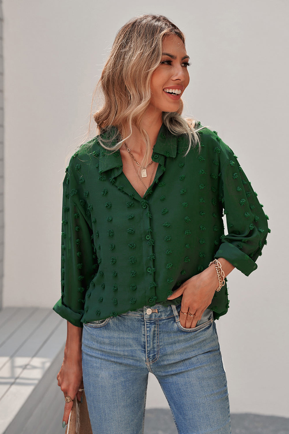 Chemise Verte Femme Manches Longues A Pois