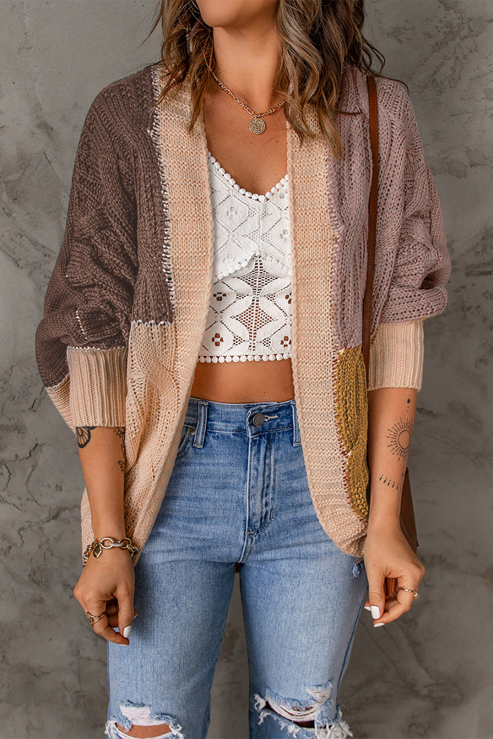 Cardigan Oversize Femme Marron Blocs de Couleur