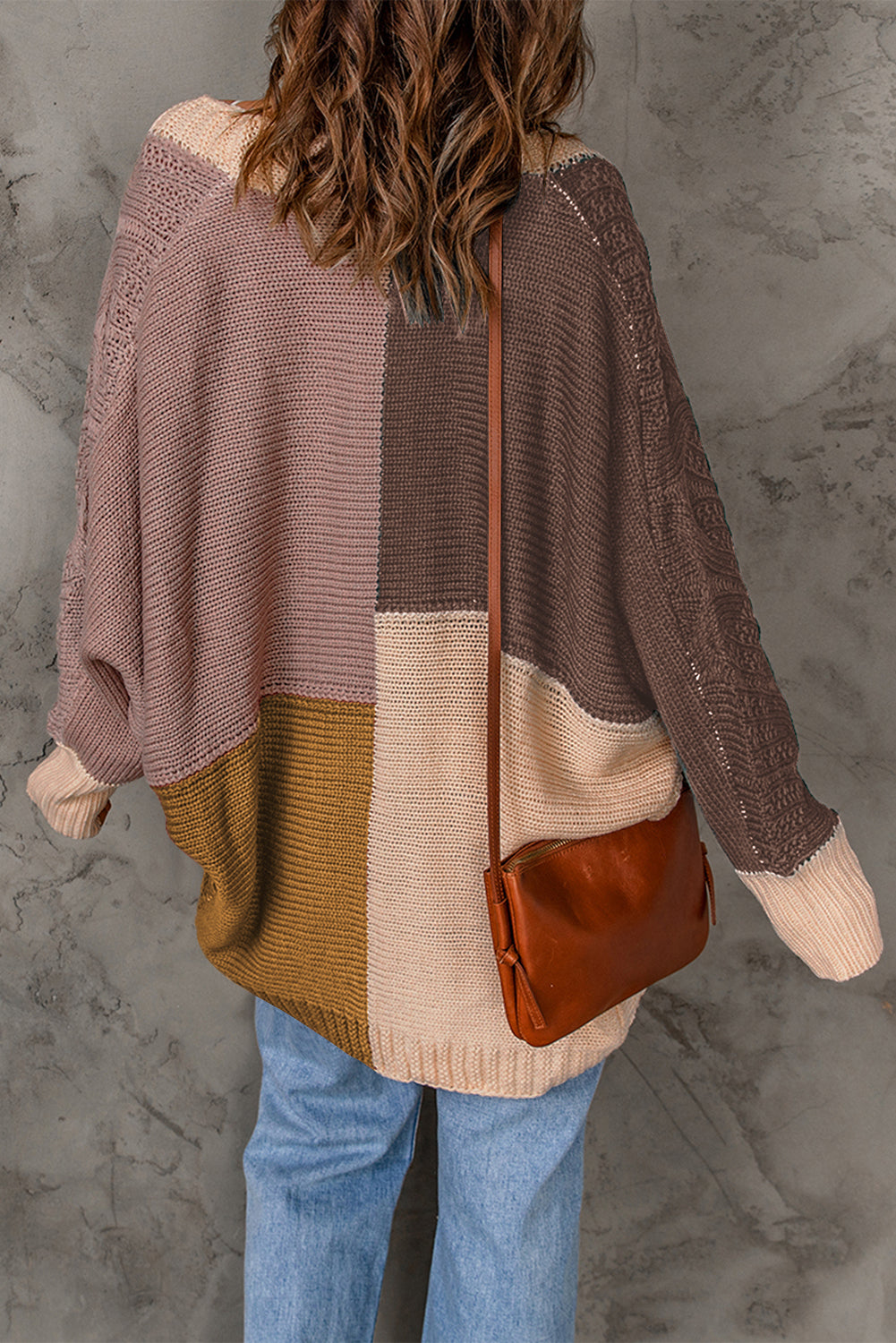 Cardigan Oversize Femme Marron Blocs de Couleur