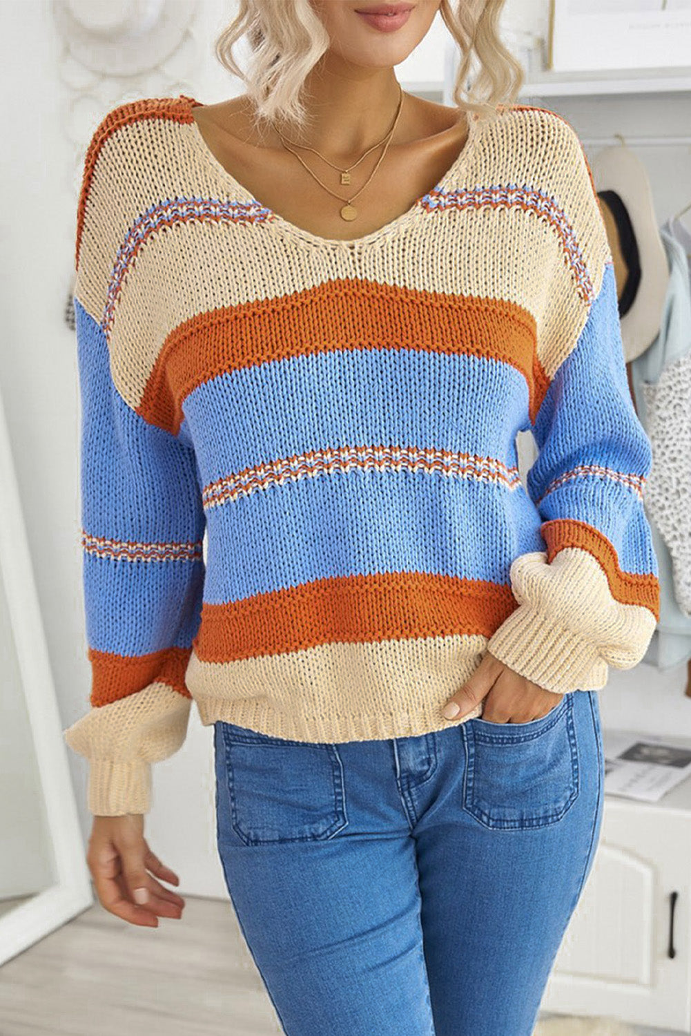 Pull Col en V Femme Orange Bleu A Raye