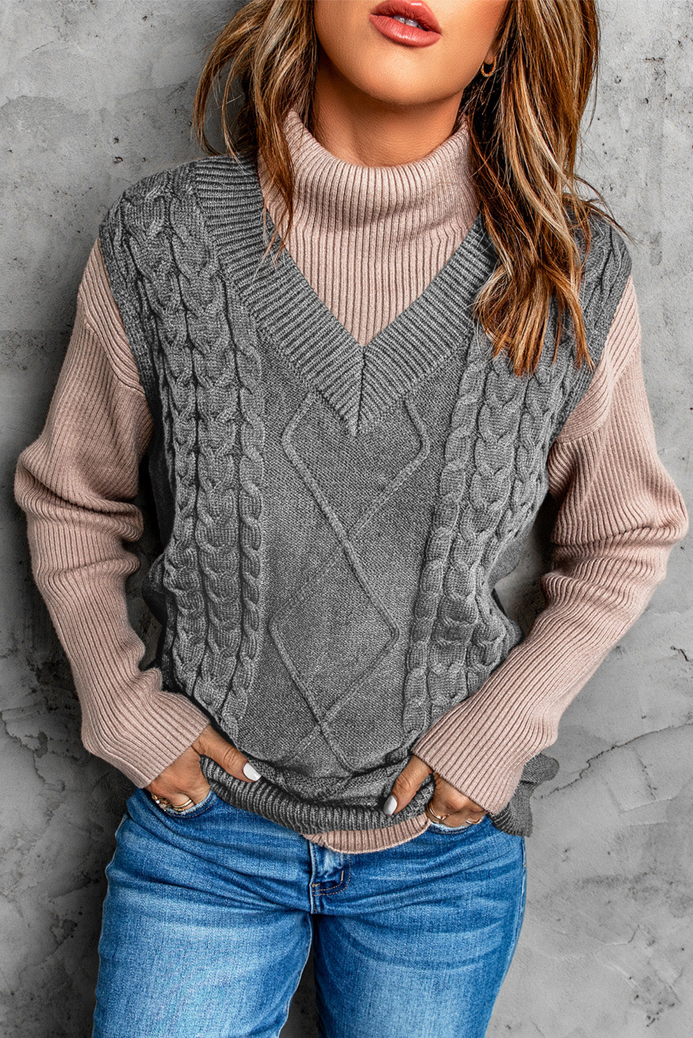 Pull gris discount col v femme