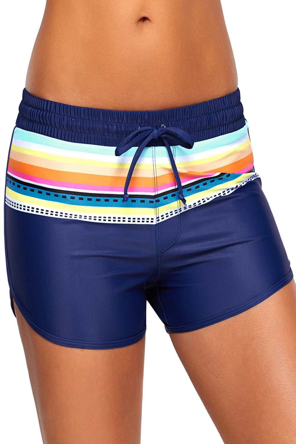 Short de Bain Femme Bleu Marine Raye Cordon de Serrage