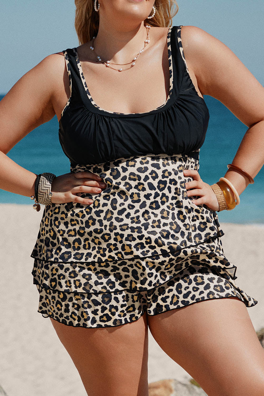 Tankini Femme Grande Taille Noir A Volants Leopard