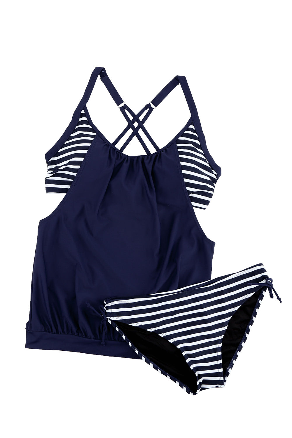 Tankini Femme Bleu Marine A Rayures 2 pieces Style Superpose