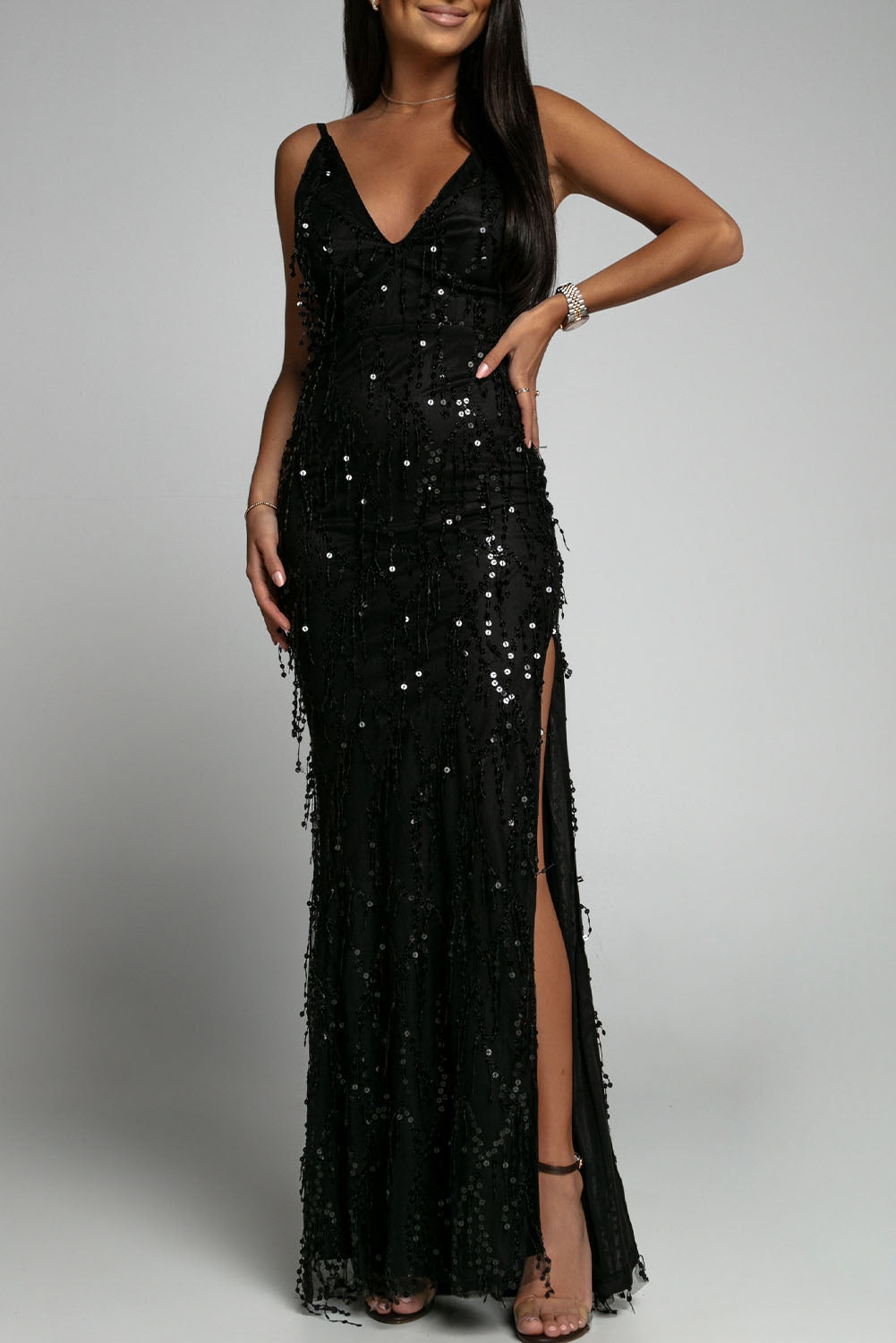 Robe de Soiree Longue Noire Fendue Franges Pailletees