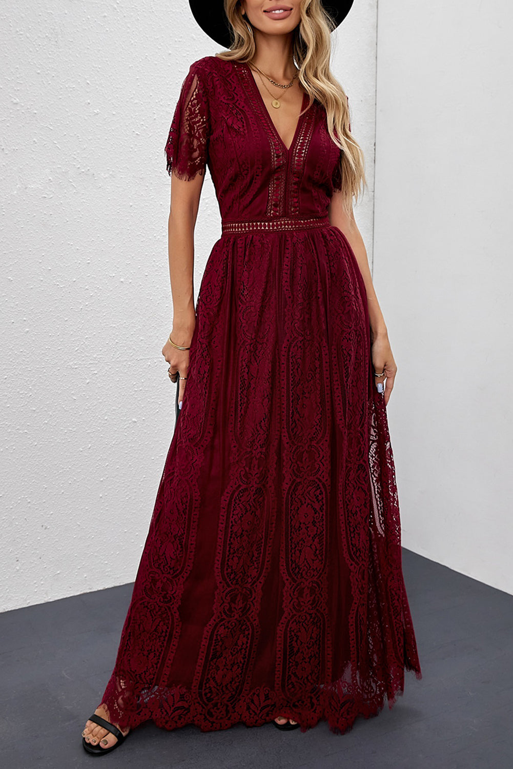 Robe Longue Dentelle Boheme Bordeaux Manches Courtes